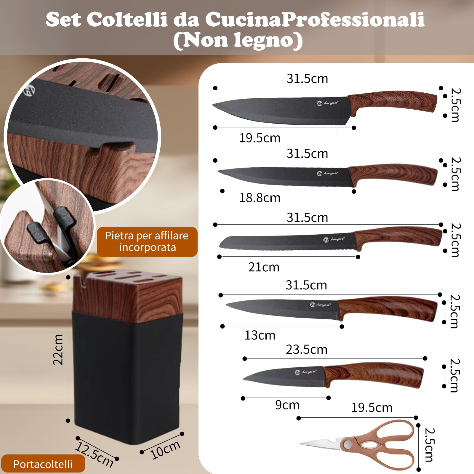 7 Pezzi Coltelli da Cucina,Set Coltelli da Cucina Professionali con Ceppo Universale e Affilatore Integrato,Lame Acciaio Inossidabile di Qualità e Manici Ergonomici