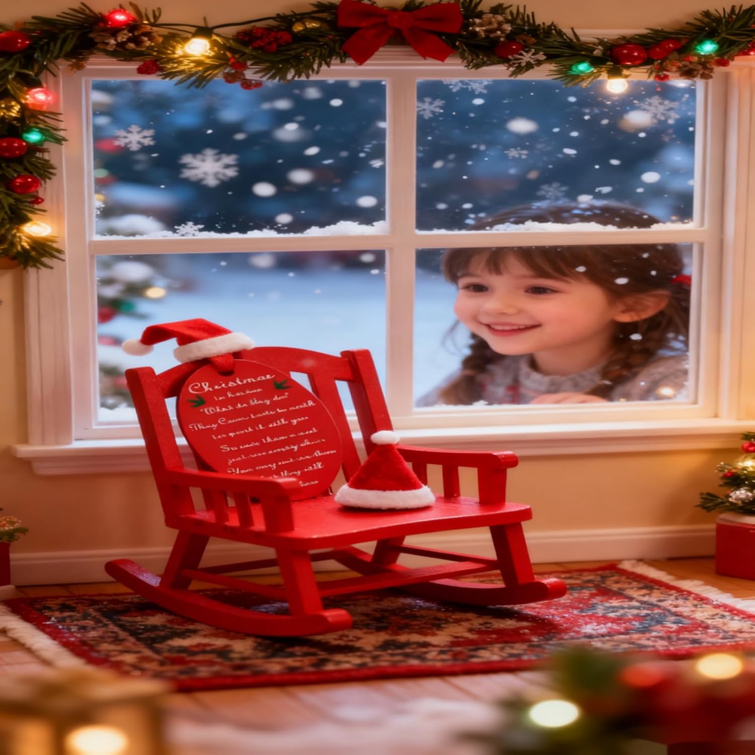 Red Miniature Rocking Chair, 3.34 Inch Small Wooden Ornaments Dollhouse Furniture Vintage Home Decor Christmas Decoration