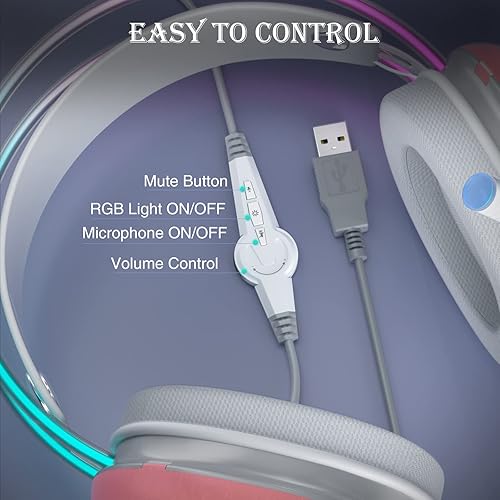 Miniatura 7 de AULA Auriculares USB para juegos con micrófono para PC, auriculares retroiluminados RGB arcoíris, sonido envolvente virtual 7.1, controlador de