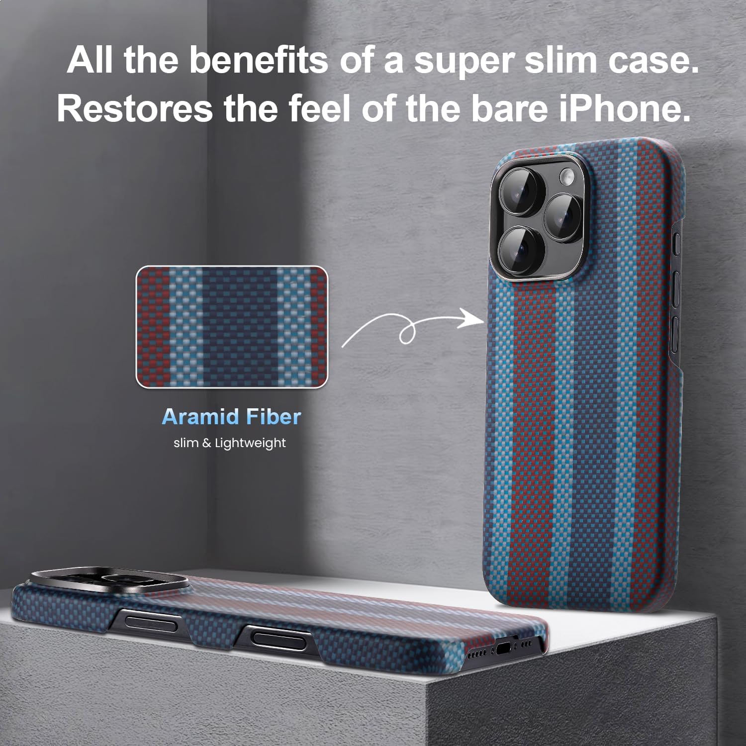 Aramid Fiber Case for iPhone 16 Pro Max, Compatible with Magnet, Slim & Light, Case-Less Touch Feeling, Red-Blue Stripes