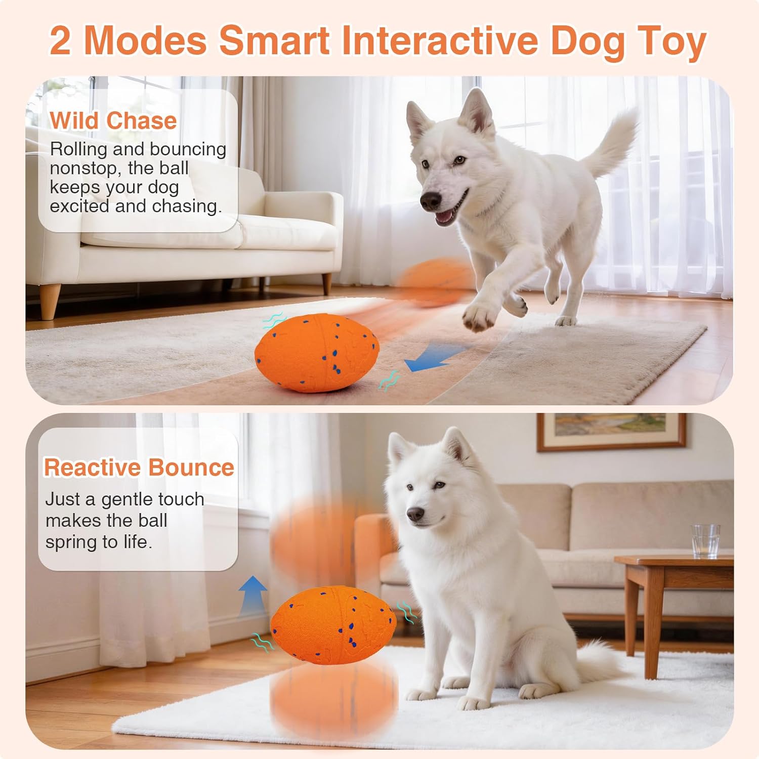 Smart Interactive Dog Toy, Pet Ball Toys Automatic Moving Bouncing and Rotating, Solid E-TPU Material, IPX7 Waterproof Active Rolling Balls for Small, Medium and Large Dogs(Vorange)