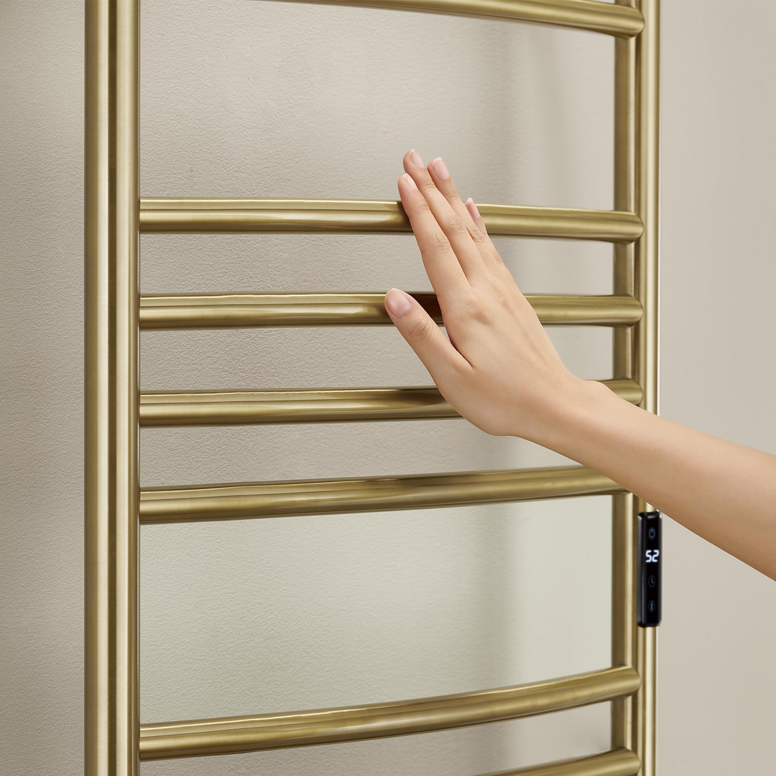 ESOP Sèche-Serviette Électrique Or Brossé 185 W Chauffe-Serviettes 110×60 cm WiFi Intelligent Porte-Serviettes Chauffant Électrique 15 Barres Courbes Commande Tactile à LED Radiateur de Salle de Bain