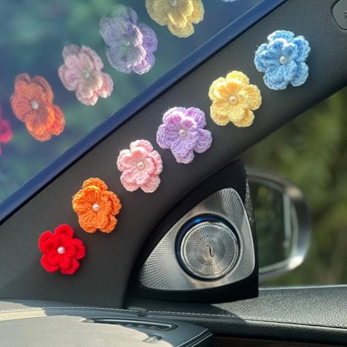 Miniatura 8 de Decoraciones de flores de ganchillo para salpicadero, 6 piezas de lindos accesorios de coche para mujeres, estética interior, flores tejidas a mano