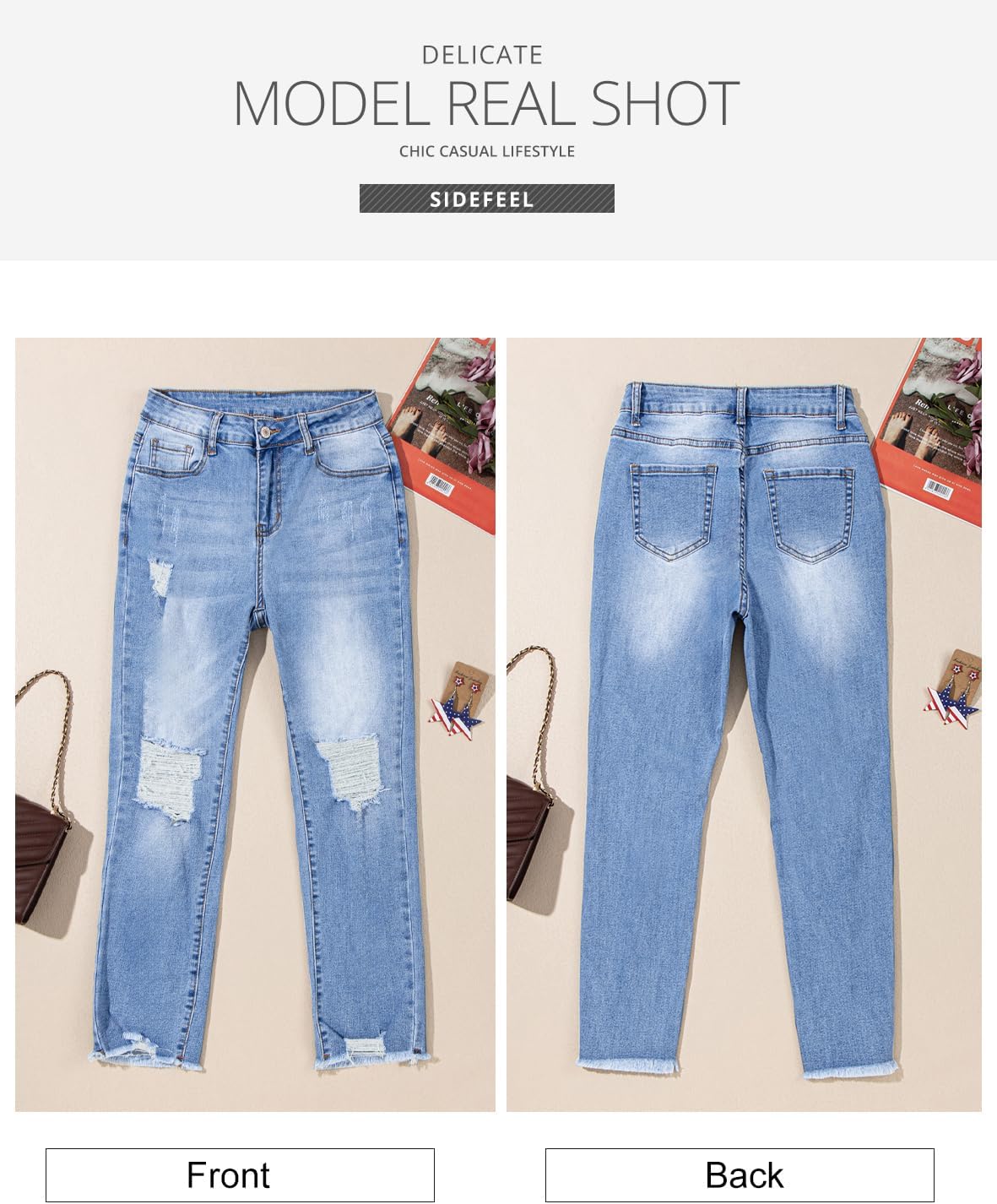 Sidefeel Women's Boyfriend Jeans Stretchy Ripped Distressed Zimbaplatinum Denim Pants Size 4-18 - Image 5