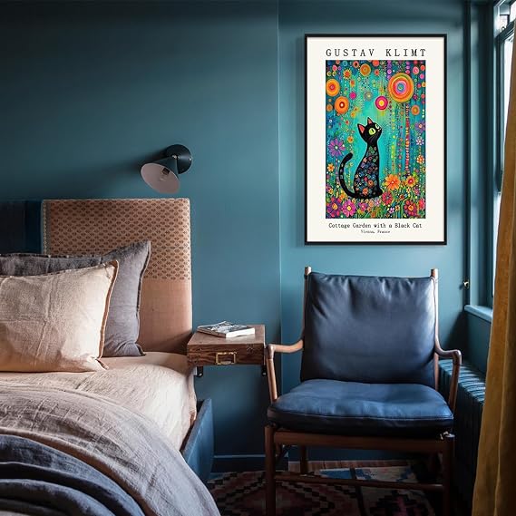 Gustav Klimt Canvas Wall Art, Klimt Black Cat In The Garden Poster, Famous Oil Paintings Reproduction, Classic Fine Art Black Cat Floral Prints for Bedroom Living Room 8x12in Framed