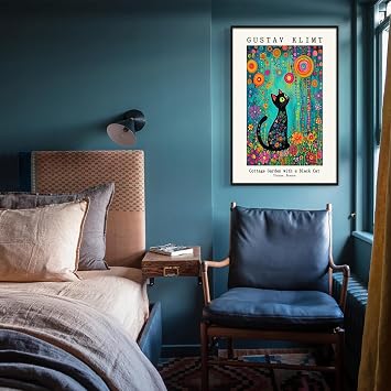 Gustav Klimt Canvas Wall Art, Klimt Black Cat In The Garden Poster, Famous Oil Paintings Reproduction, Classic Fine Art Black Cat Floral Prints for Bedroom Living Room 8x12in Framed