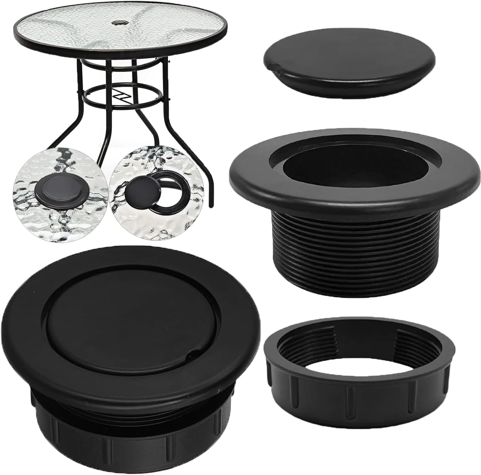 Patio Table Umbrella Hole Ring Plug Cap Set for Outdoor Parasol Table Hole Cover Insert Pole Replacement Stabilizer Parts Black
