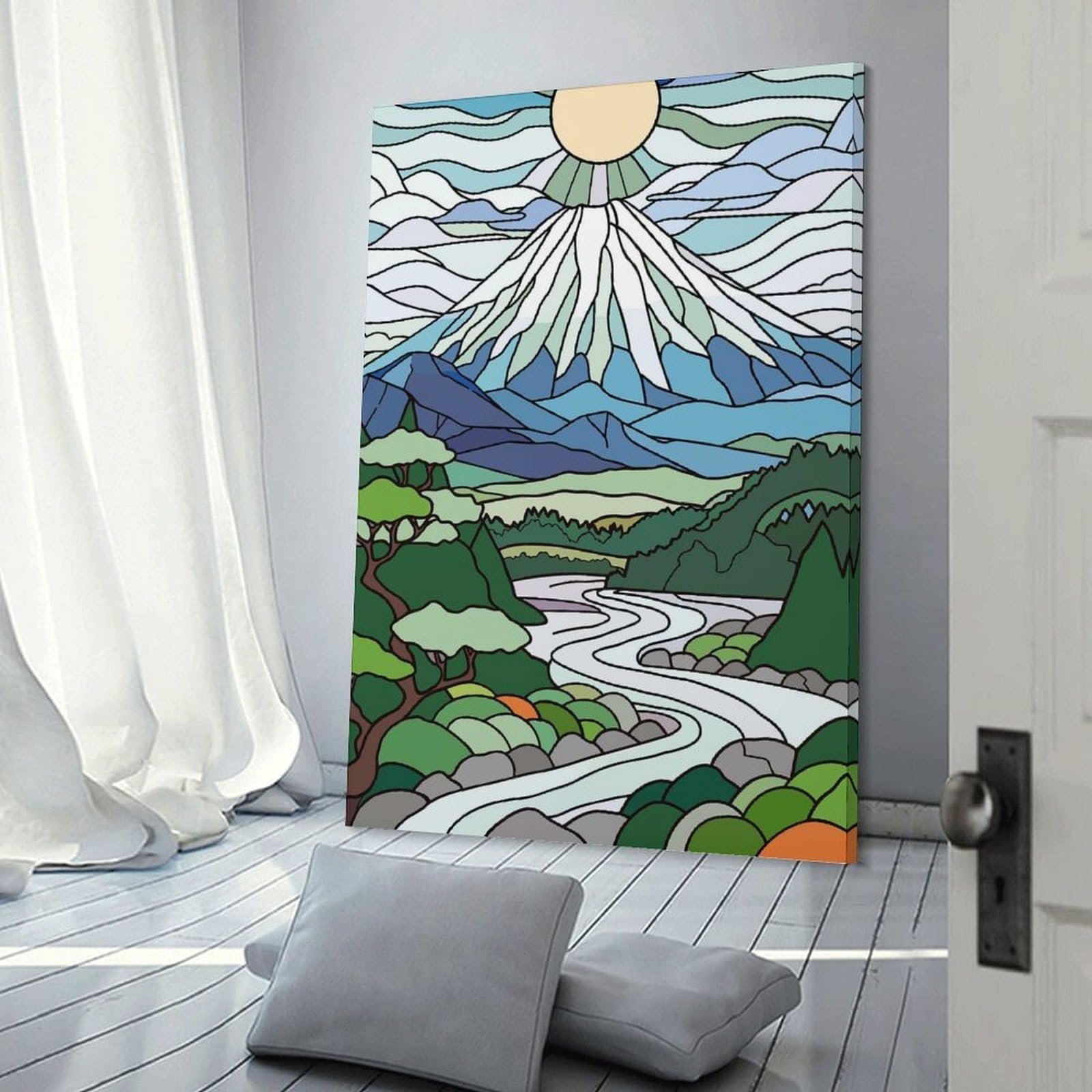 Junmoney Wall Picture Print Stained Glass Mountain Landscape, 20x30inch(50x75cm), for Living Room, Lounge Or Sitting Room, Modern Wall Decor for Cosy Interiors
