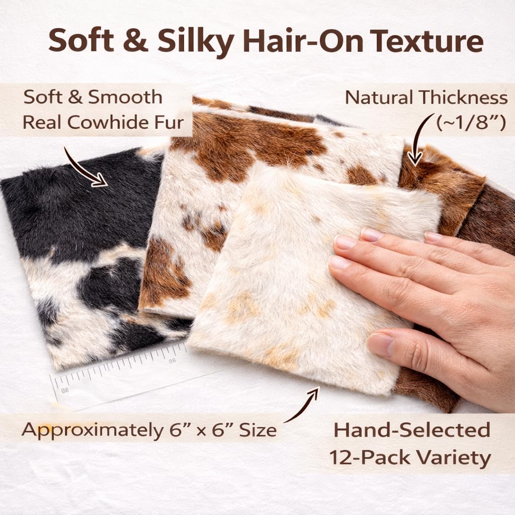 Hair On Cowhide Leather Pieces – Genuine Cowhide Leather Squares 6x6 Inches, Pack of 12 Assorted Natural Colors – Hair-On Hide for Crafts, DIY Leather Projects & Accessories