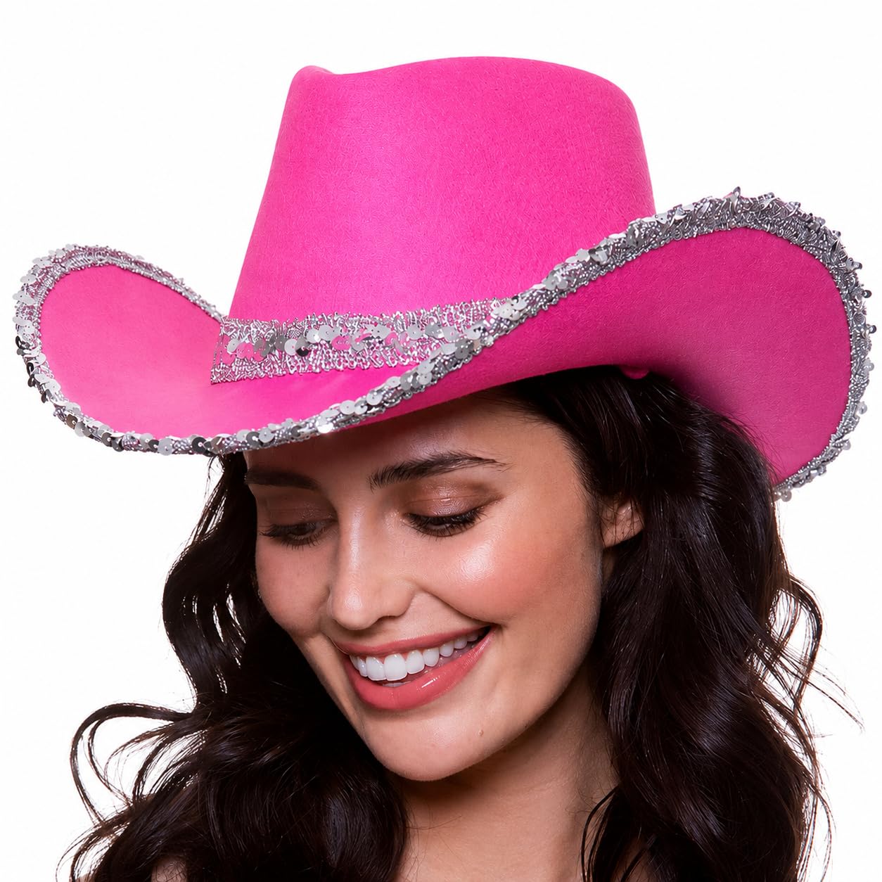 Wicked Costumes Hot Pink Sequin Cowboy Hat for Women – Adult Texas Cowgirl Hat for Hen Nights, Festivals, Concerts, Nashville & Disco Cowgirl Fancy Dress Accessory — image 1