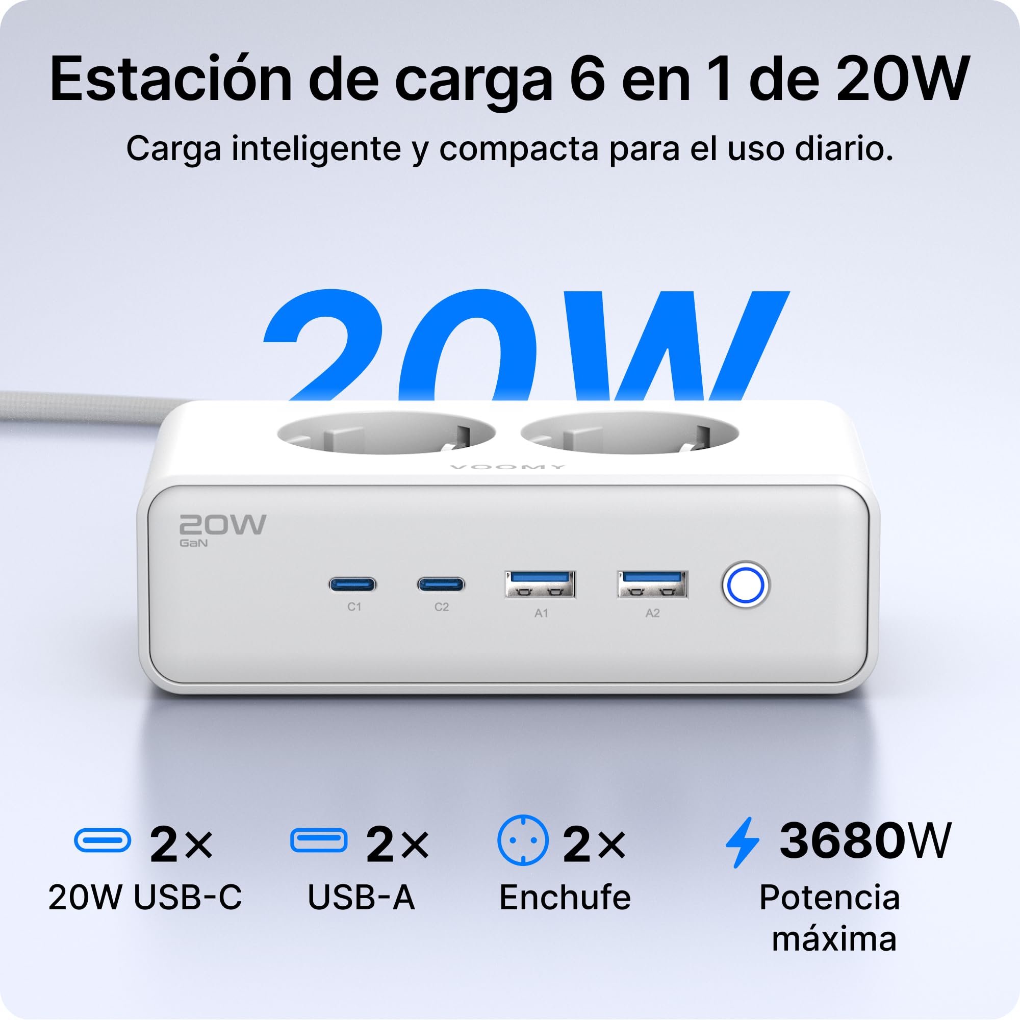 Voomy Mehrfachsteckdosen mit 20W USB Ports, Überspannungsschutz, Überlast- & Kurzschlussschutz, Sicherheitsverschluss, 2 Meter (Weiß) (Packung mit 2)