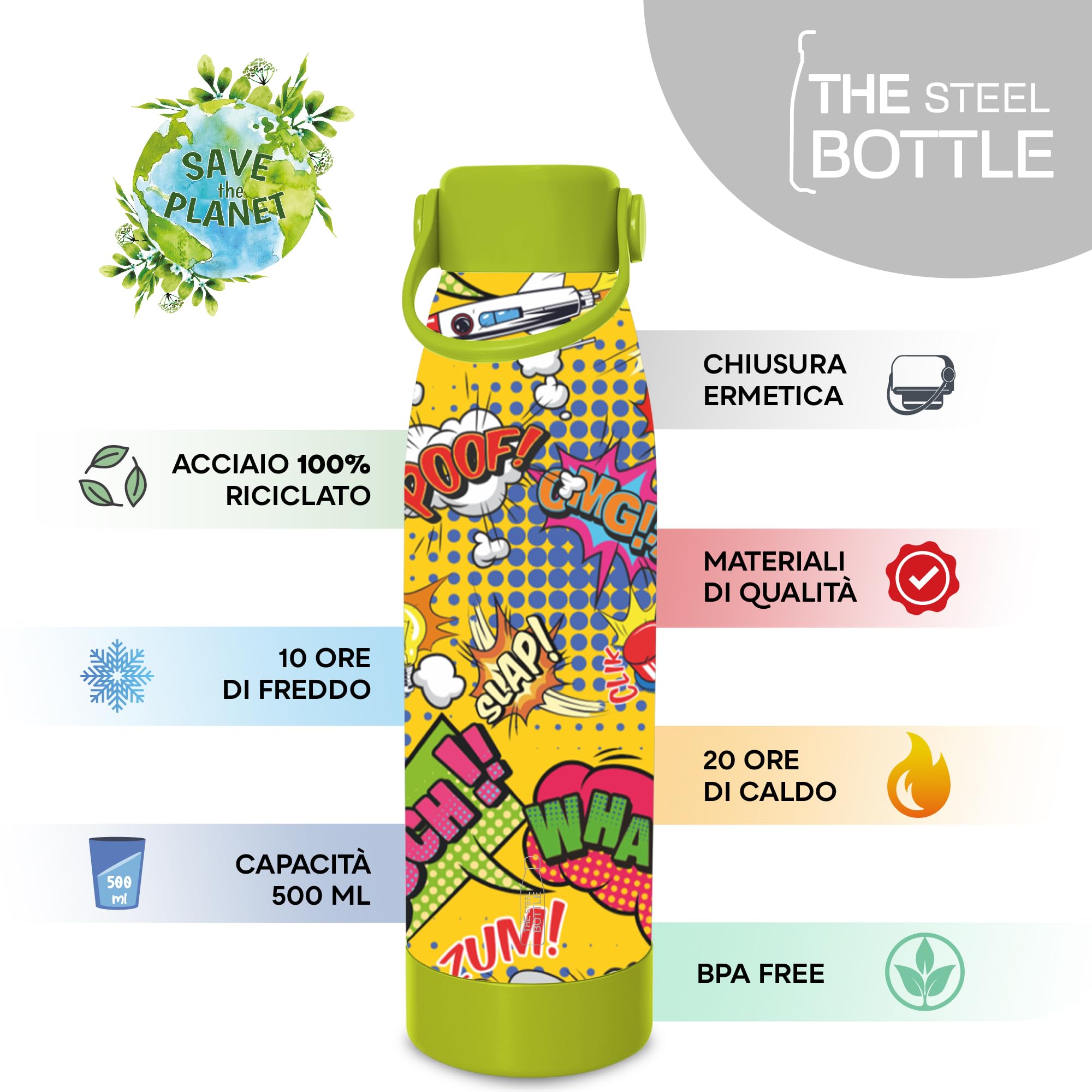 THE STEEL BOTTLE - Botella térmica para infusiones e infusiones de acero inoxidable, aislamiento de doble pared, 500 ml, hermética, botella portátil (CARTOONS)