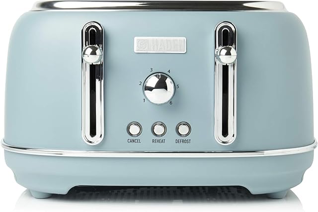 Haden Highclere Toaster - Electric Stainless-Steel Toaster with Reheat and Defrost Functions - 1370-1630W, Four Slice, Blue - CF41