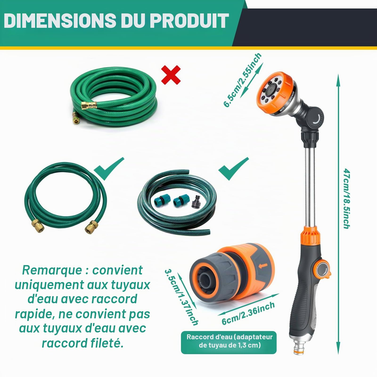 LangRay Pistolet d'arrosage de Jardin, Lance Arrosage 47cm 8 Modèles Réglable Pulvérisateur de Jardin Arrosoir avec 2 Embout Tuyau Arrosage 1/2 Pouce et 1 Buse