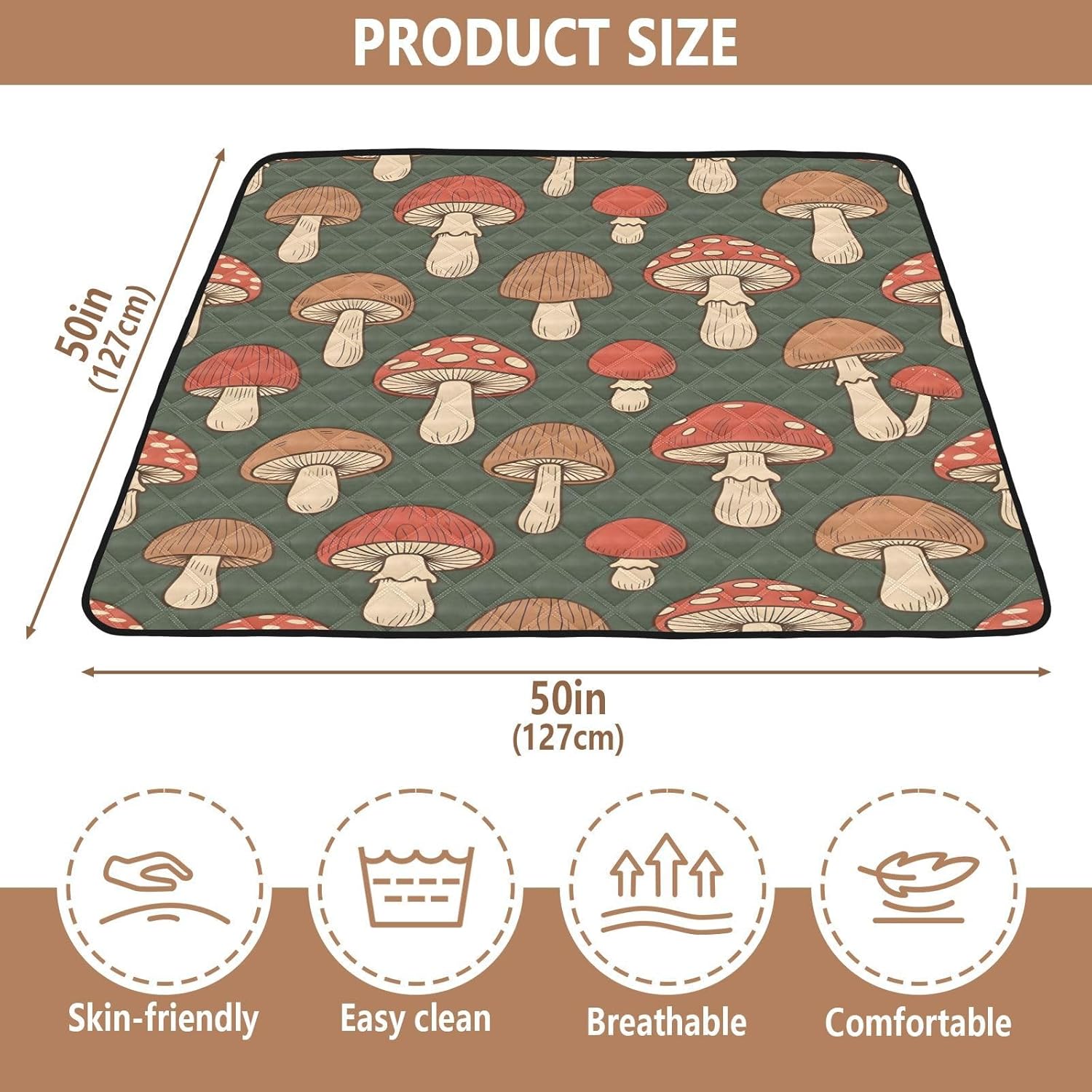 Mushrooms Baby Play Mat,Portable Foldable Crawling Mat Thicken Soft Non-Slip Waterproof Washable Baby Mat 50 x 50 Inch