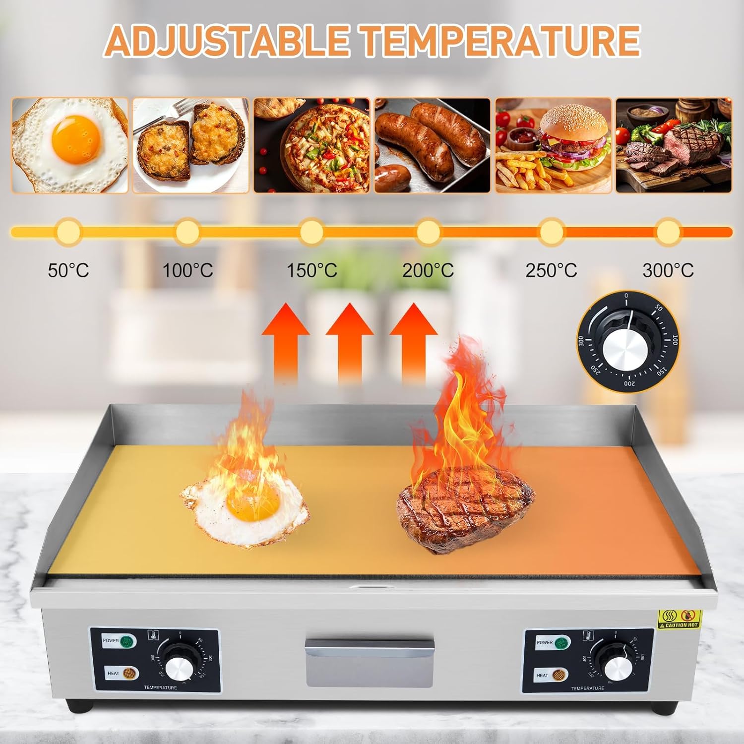 29 Inch Stainless Steel Electric Griddle, 3000W Commercial Flat Top Grill, Countertop Teppanyaki Cooktop with Dual Temperature Control and Large Surface, for Restaurant Home Kitchen