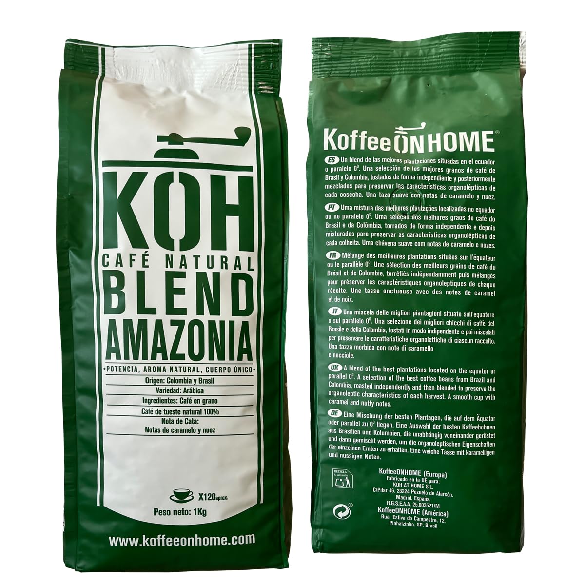 KoffeeONHOME Café en Grano 100% Arábica, Blend Amazonia, Tueste Natural, 2 Paquetes de 1 Kg - 2 Kg