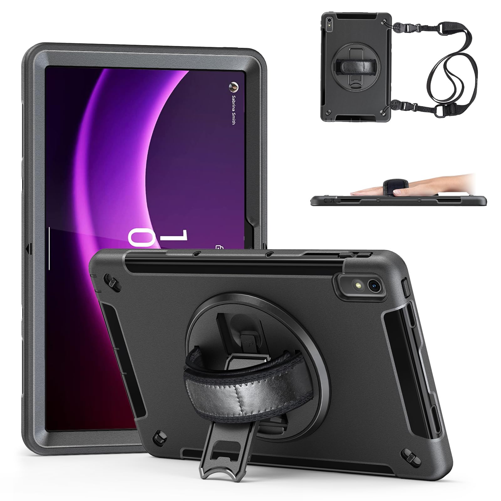 Protective Case for Lenovo Tab P11 2nd Gen Case 2023 (TB350FU/TB350XU) 11.5 Inch, Shockproof Rugged Hard Shell Case with Built-in Screen Protector/Kickstand/Hand Strap/Shoulder Strap-Black