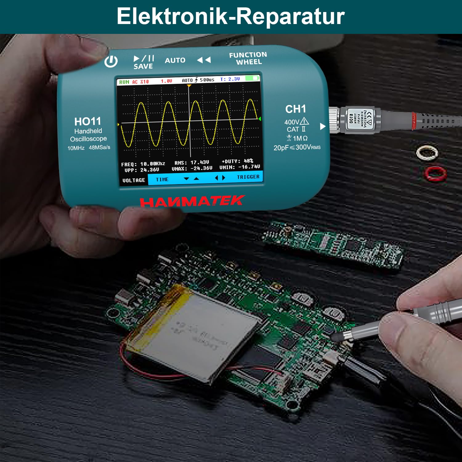 HANMATEK HO11 Handheld Digital Oszilloskop - 10MHz Bandbreite, 48MSa/s Hochpräzisionsabtastung, 2.8“ TFT Display, USB aufladbar, fortschrittliches Triggersystem, tragbar für Feldarbeit