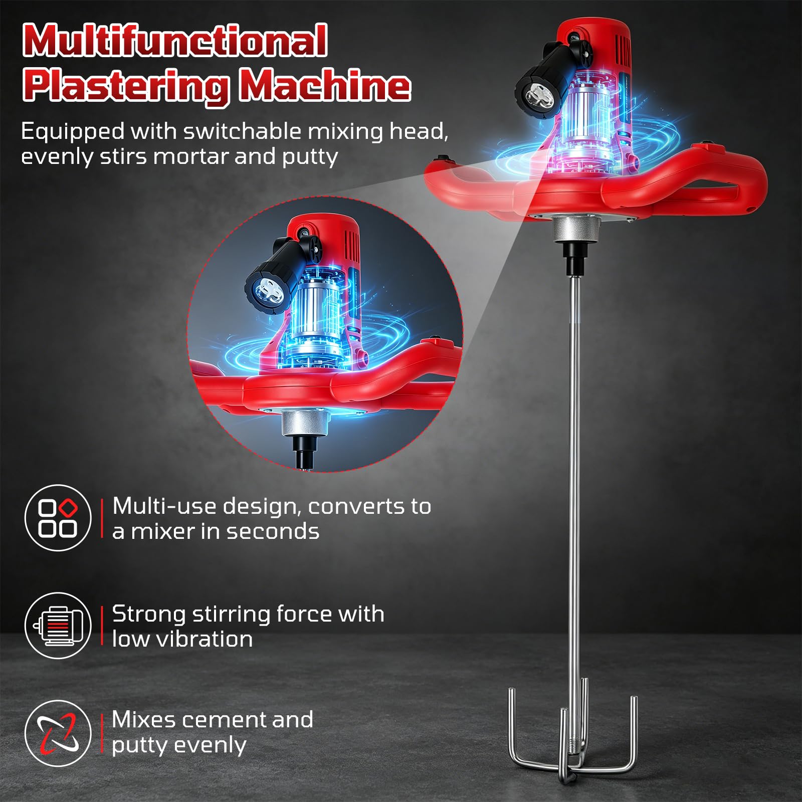 Levigatrice Per Intonaco, 2 In 1 Betoniera 1680W Elettrica Levigatrice con Asta Telescopica Per Muri 6 Velocità Mola Ø380 mm Illuminazione LED Malta Cementizia Per Calcestruzzo Frattazzo Intonacatrice