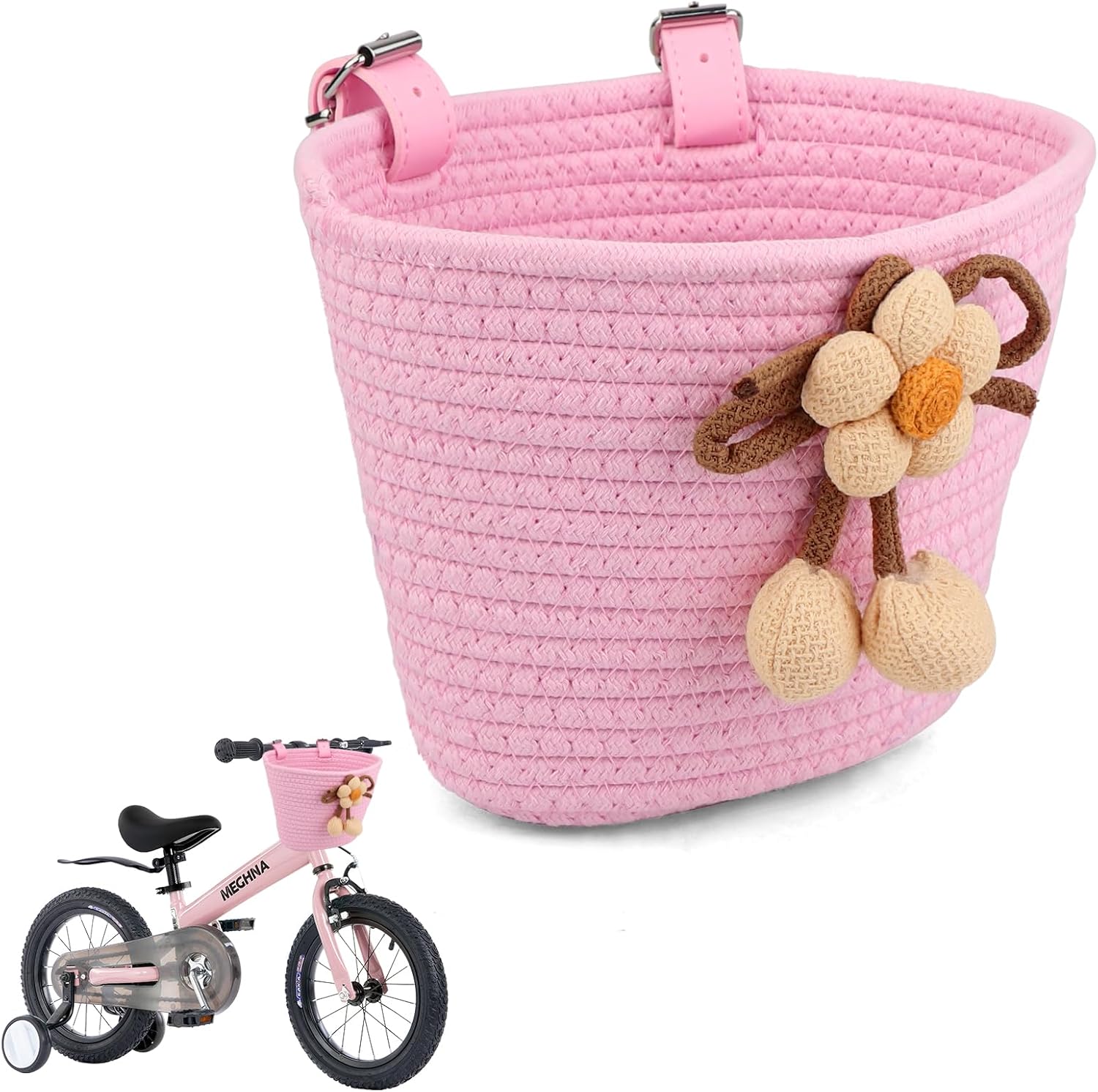 Kid Bike Basket, Front Bicycle Baskets for Boys Girls, Cotton Rope Woven Handle Bar Basket for 8" 12" 14" 16" 18" 20" Child Bicycles, Kids' Scooter, Balance Bike, Bright Red