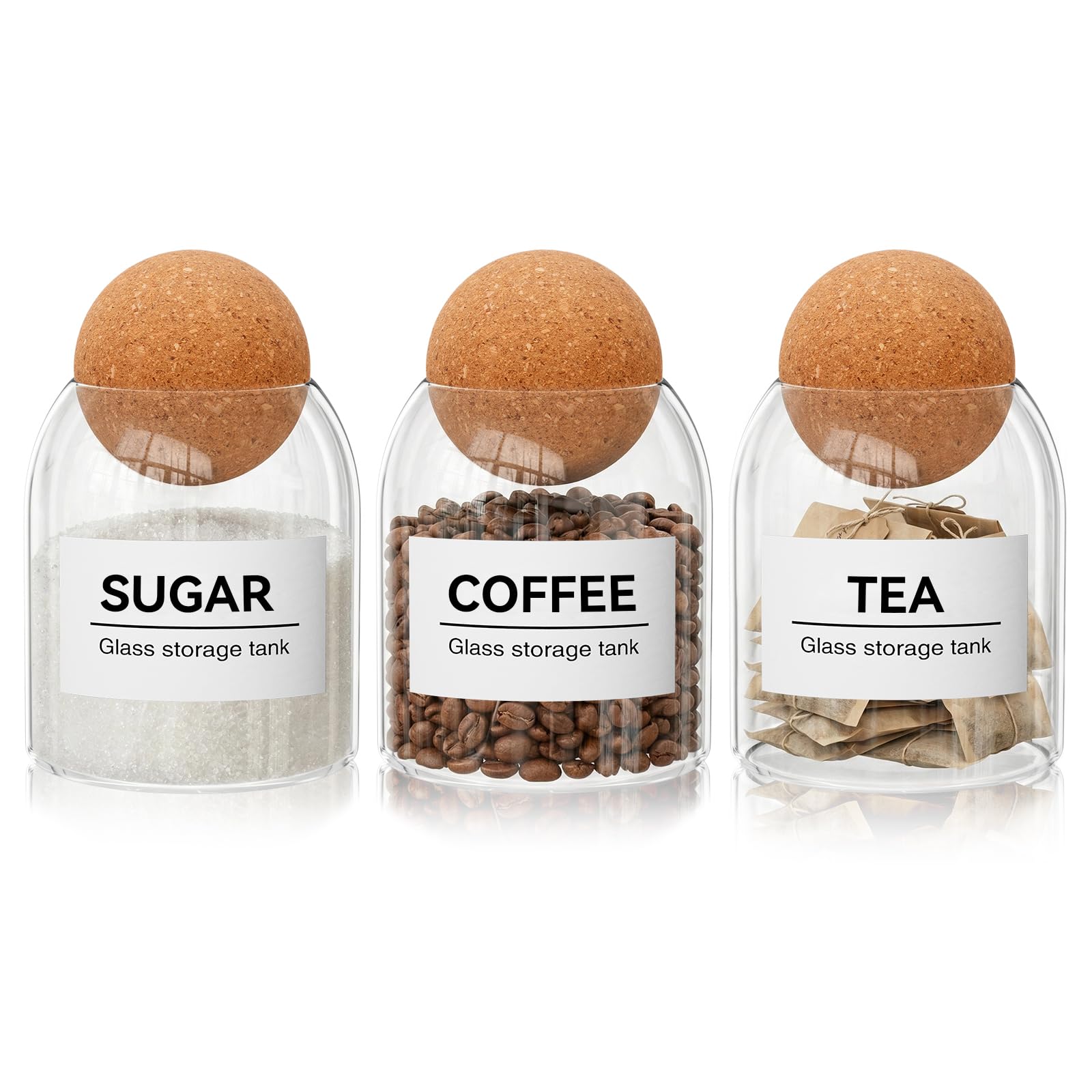 Dyserbuy Tea Coffee and Sugar Canisters Set of 3, 500ml Cork Ball Glass Jar