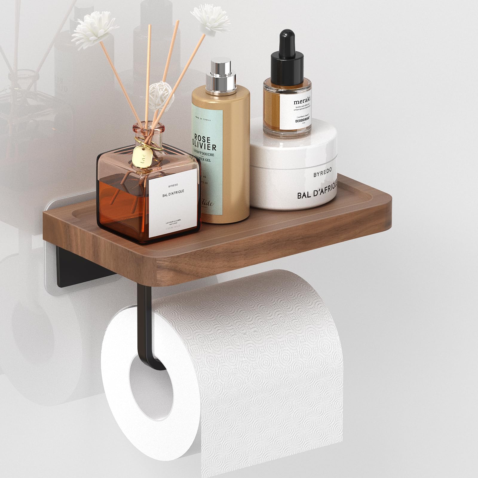 AIKER Toiletpapierhouder, zelfklevend van natuurlijk walnoothout, goede kwaliteit, zonder boren, 20 cm, prachtige toiletpapierhouder van massief Europees hout, keuken/badkamer