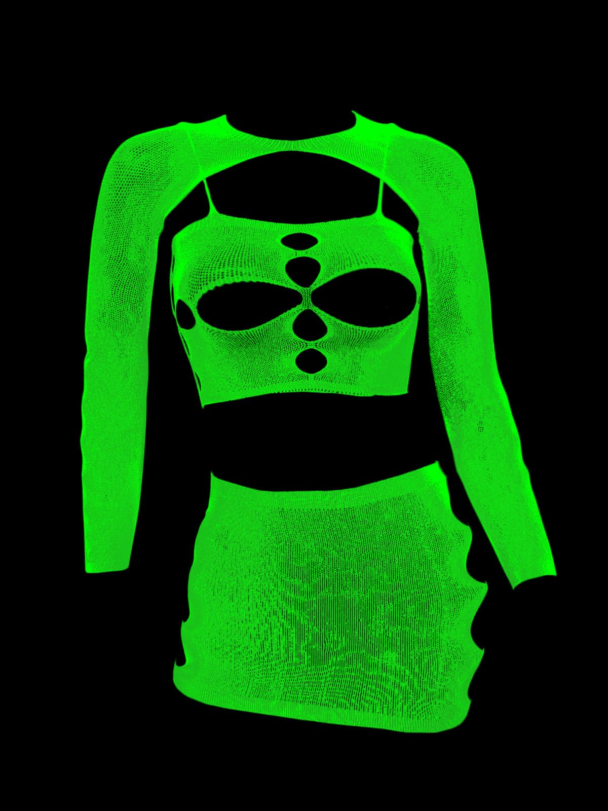 FasiCat Women's Mesh Lingerie Fishnet Babydoll Mini Dress Bodysuit See Through Shirts Long Sleeves Lingerie Bodysuit Cover Up: Glow Green6120