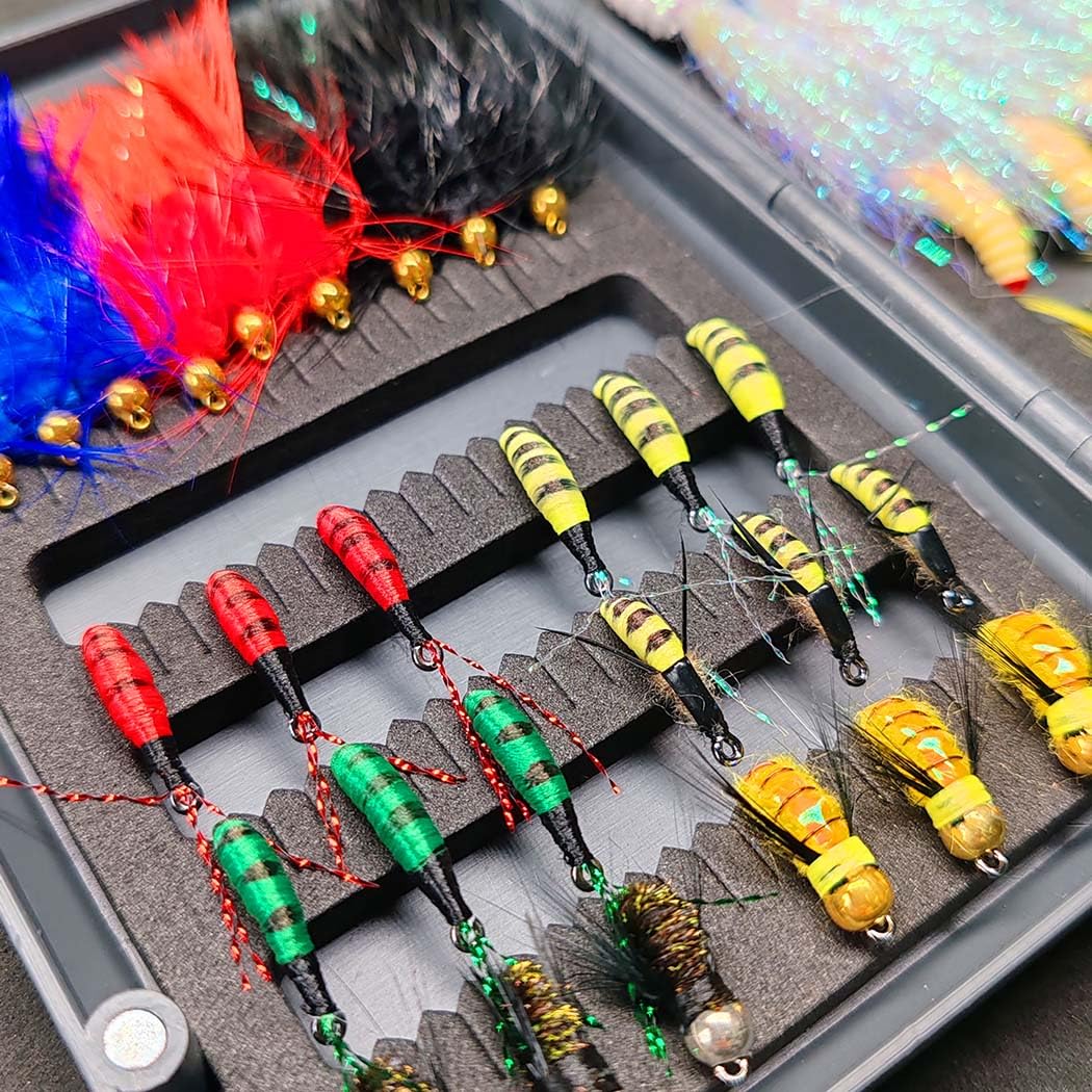 Fliegenfischen Fliegen Kit, 24-100Pcs Künstliche Fliegenfischen Köder Köder mit trockenen/nassen Fliegen, Streamer, Forelle Angeln mit Box.