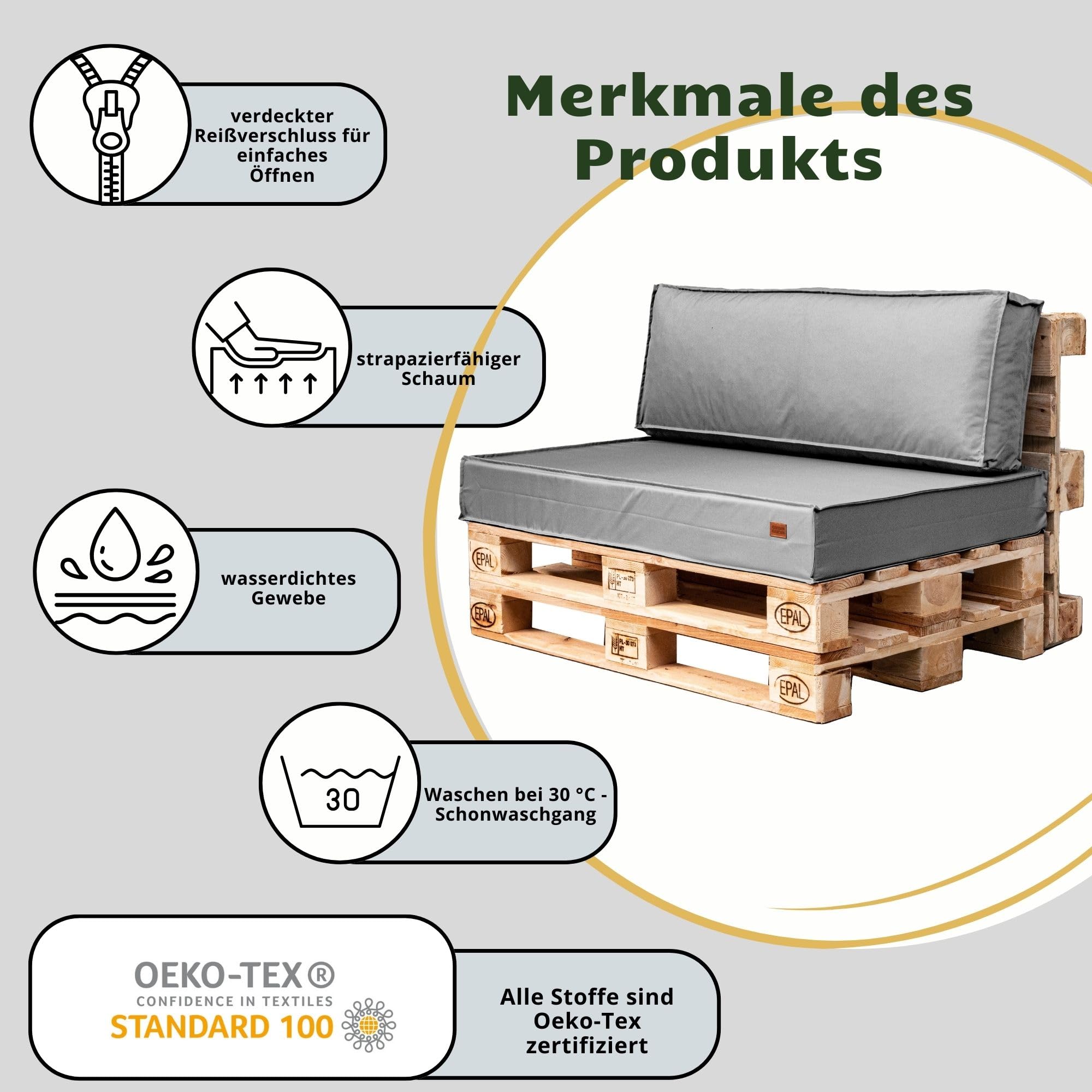 GoldenGroup Gartenset Kissen für Palettenmöbel Grau - Strapazierfähiges Gewebe - Palettenkissen Set Gefüllt mit Schaumgranulat und Schaumstoff - 120x65x15 Sitzkissen - (2X) 60x40x10 Rückenkissen