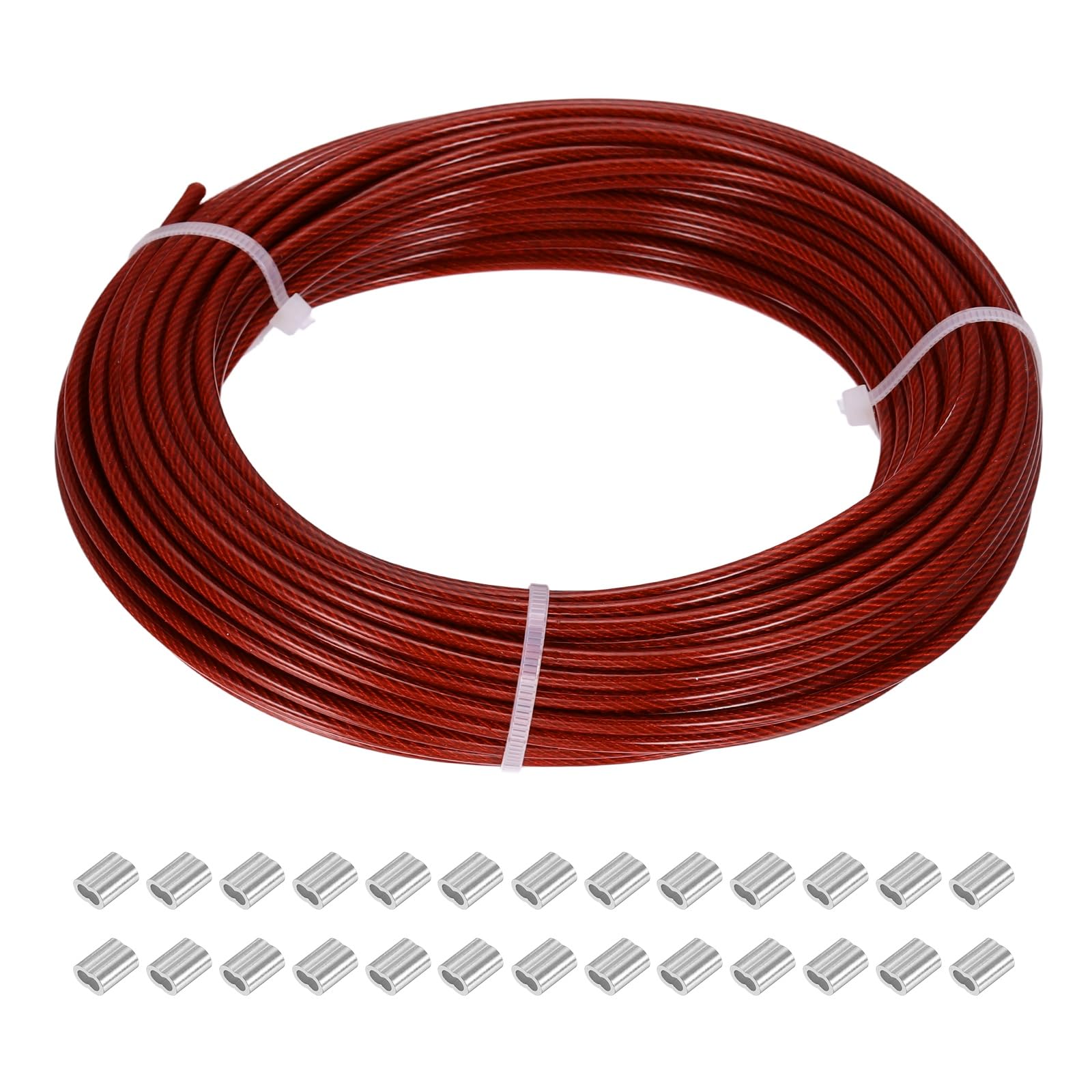 PATIKIL Cuerda de alambre de 1/8 pulgadas, cable de alambre de acero inoxidable 304 de 65.6 pies recubierto de vinilo con mangas de crimpado M3 para colgar luces, enrejado, rojo