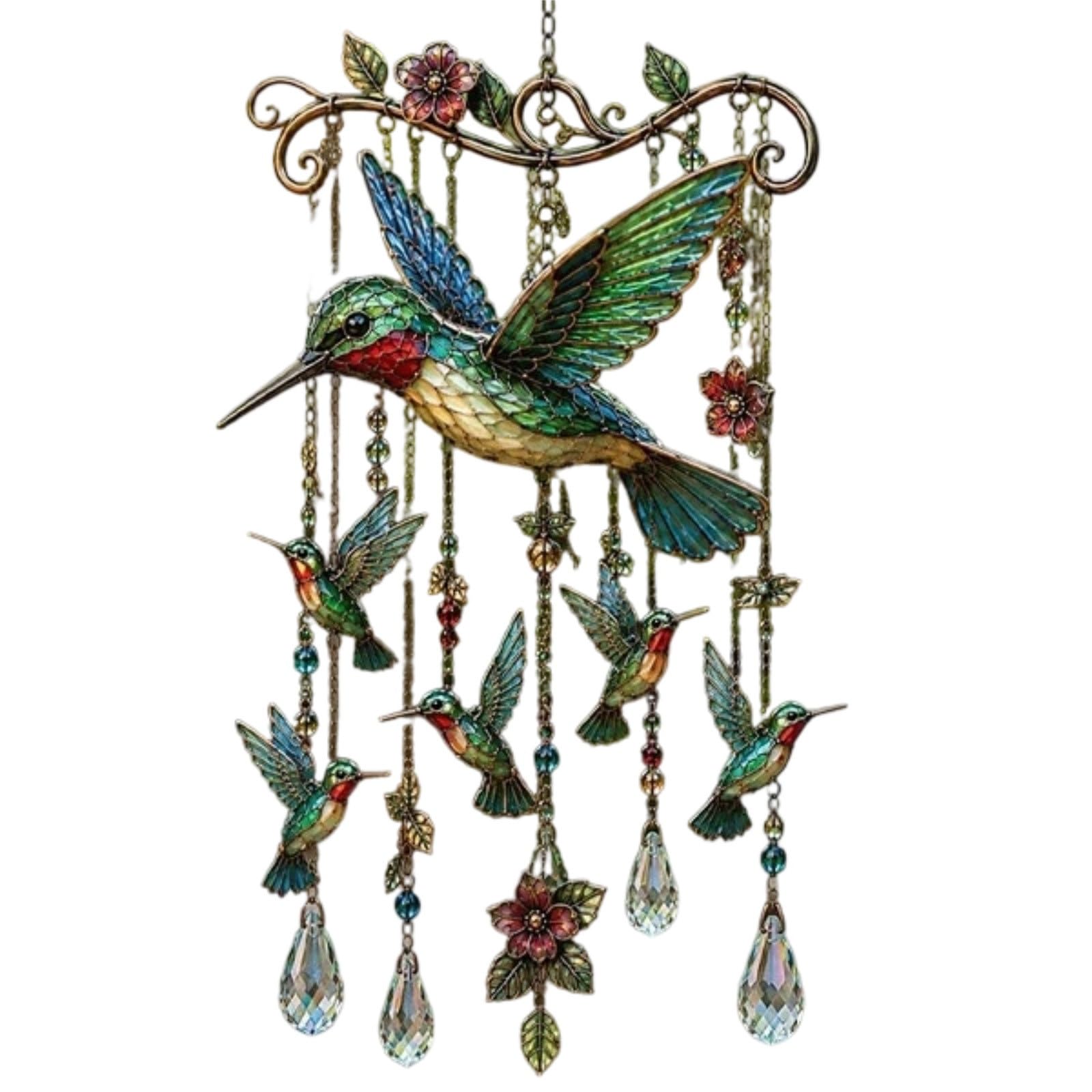 Graceful Hummingbird Wind Chime, Wind Chimes for Outside, Stained Glass & Crystal Sun Catcher Windchime, Colorful Bird Yard Decorations Outdoor, Memorial Gardening Gift for Women (#A)