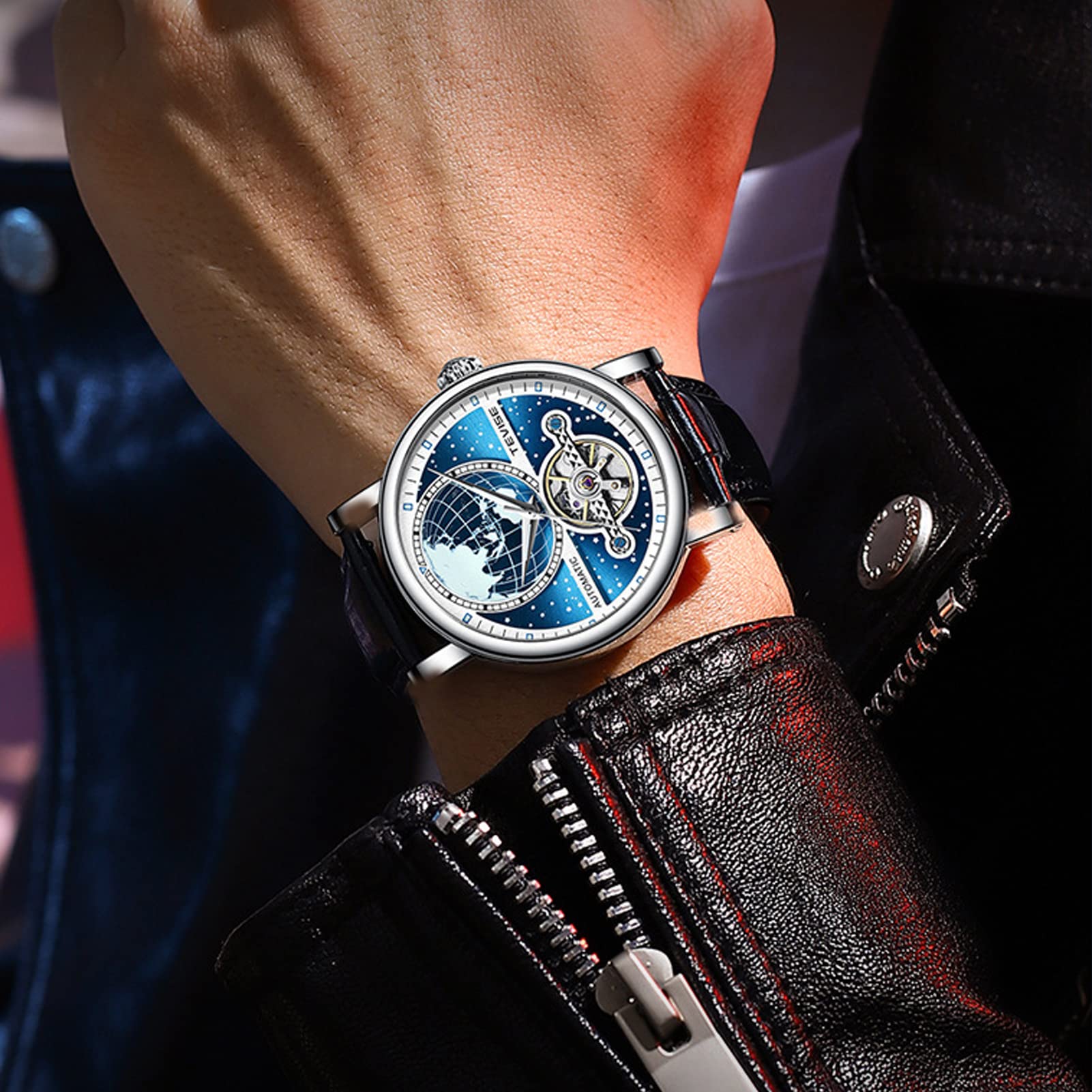 Tourbillon Herren-Armbanduhr, selbstaufziehend, leuchtende Automatik-Armbanduhr für Herren, wasserdicht, Leder, Dual-Zeit-Schreibuhr, Mode, Business, blau, Riemen