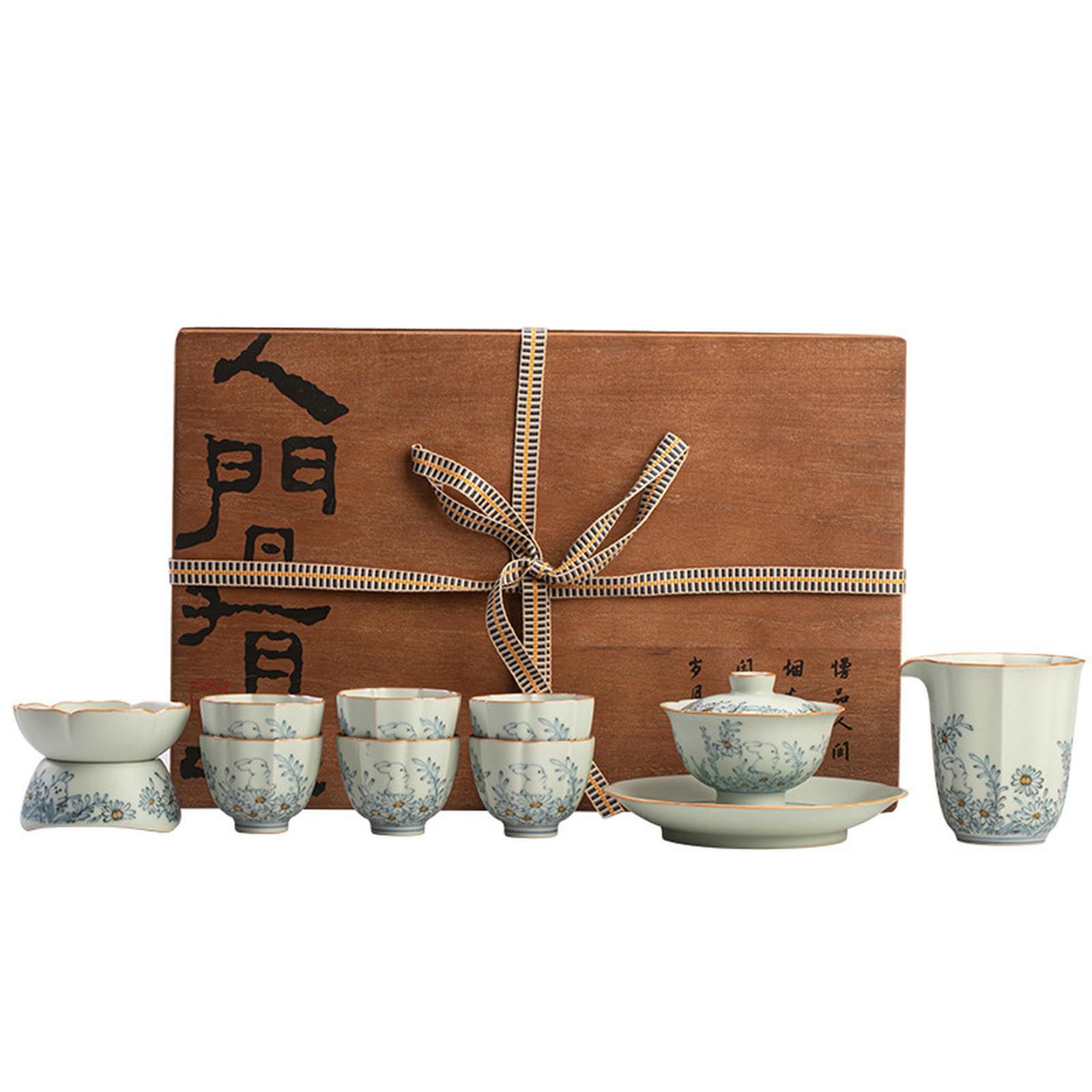 Chinesisches Retro-Schüssel-Set aus Keramik, blau und weiß mit Deckel – Schale mit Deckel, wilde Chrysanthemen-Hase