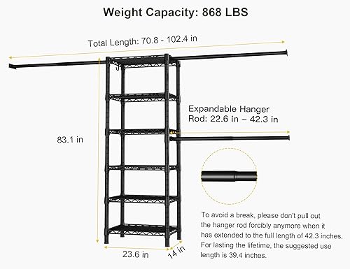 Miniatura 6 de Ulif M5 - Perchero para ropa montado en la pared, sistema de almacenamiento y organizador de armario resistente con 6 estantes y 3 barras de