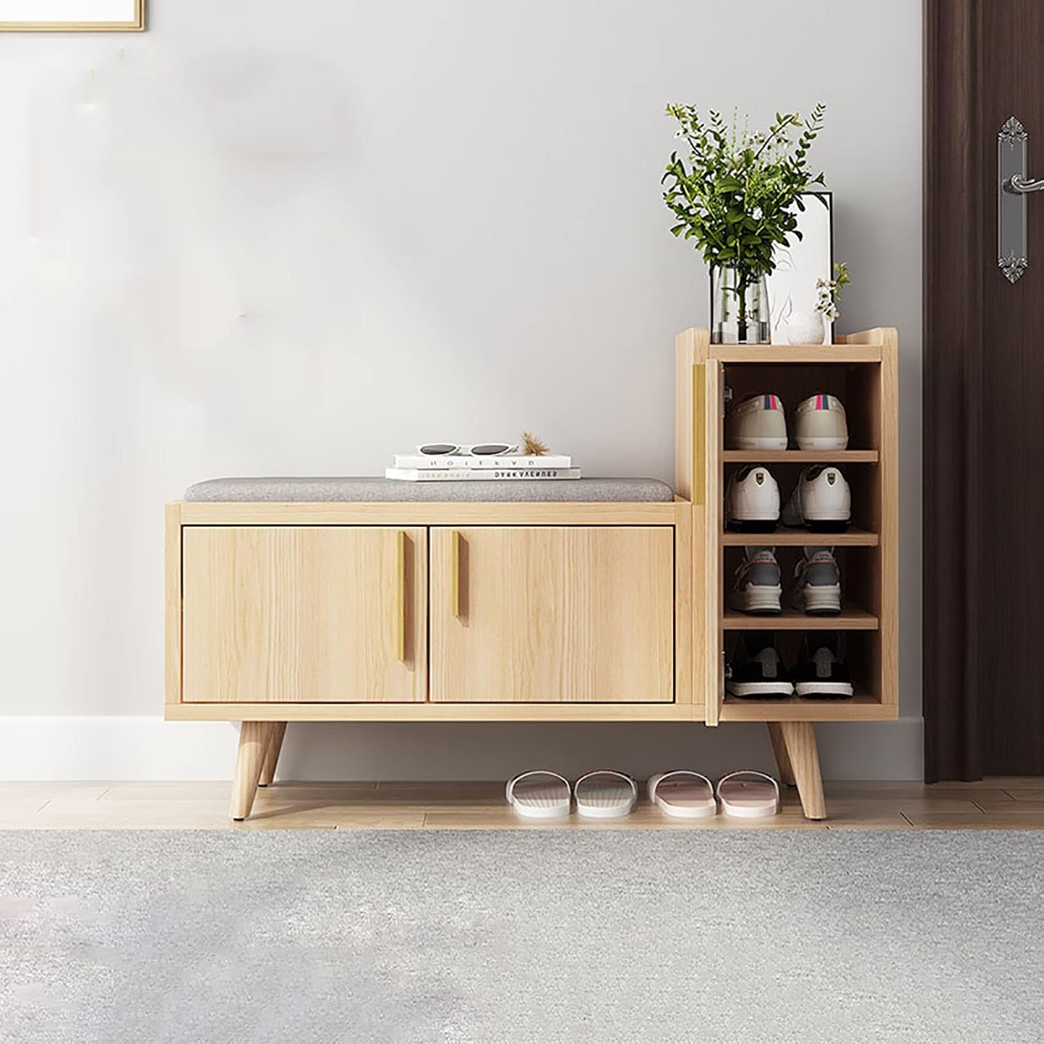 Shoe Storage Cabinet Cabinets Hallway Slim Cupboard Cupboards Hallways Slimline，Wooden Shoe Rack Entryway Bench with Storage Cabinet, 2-Tier Removable Shelf, Cushioned Seat, Stylish Hallway