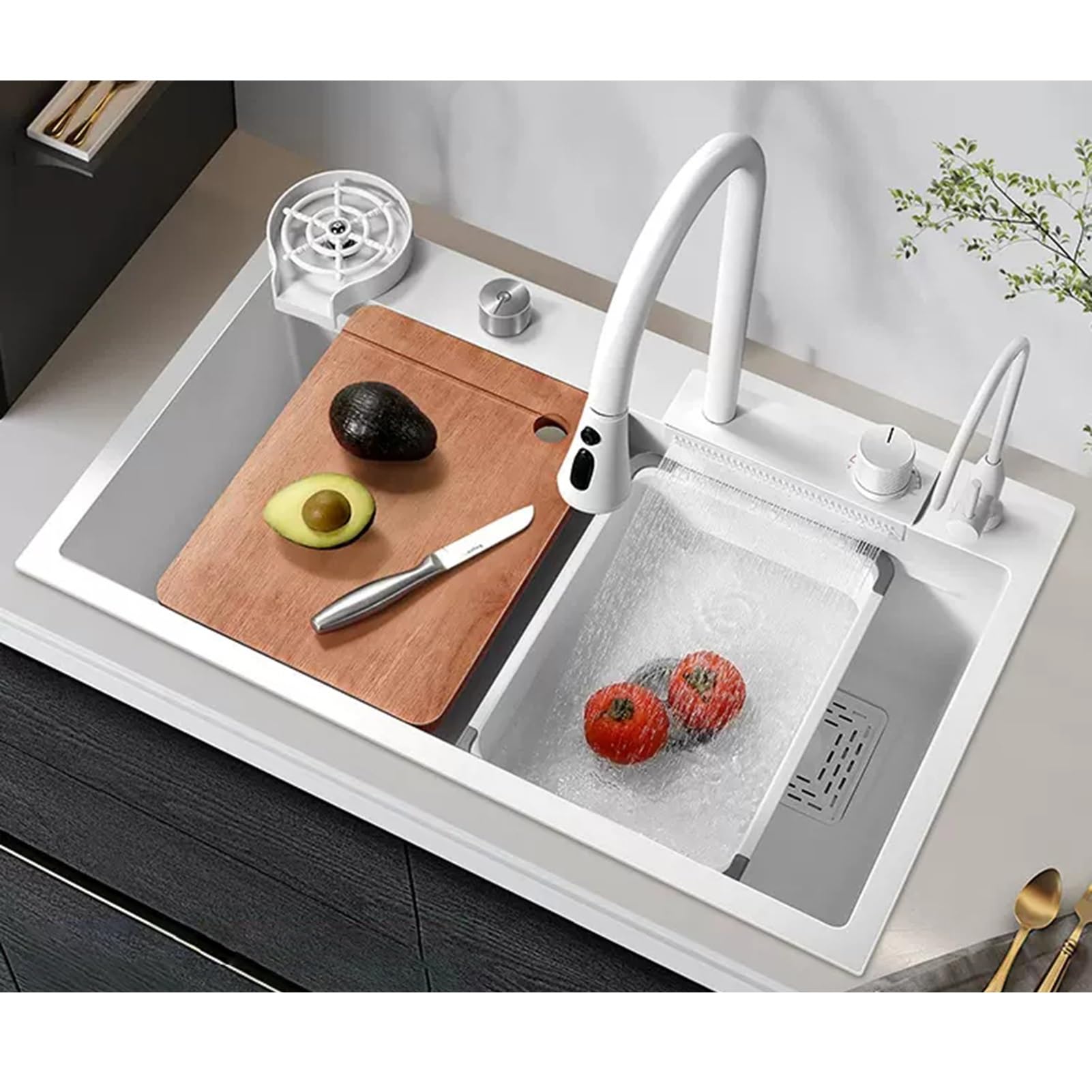 ZQFHSX White Nano Kitchen Sink Stainless Steel Waterfall Single Bowl Workstation With Multifunctional Pull-Out Faucet And Accessories (Color :, Size 75x46cm)