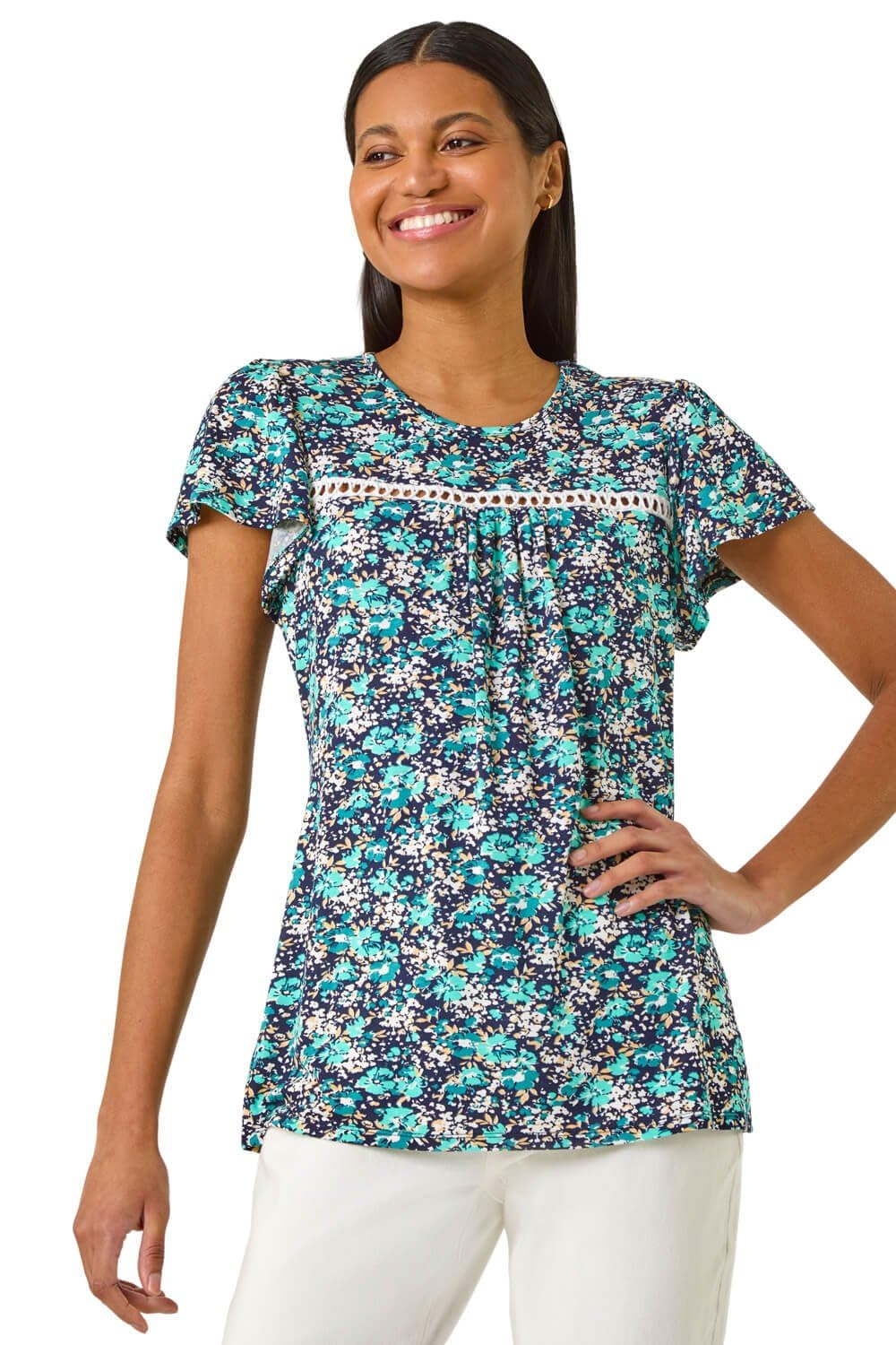 Roman Women's Navy Floral Print Ladder Trim Stretch Top Size 18