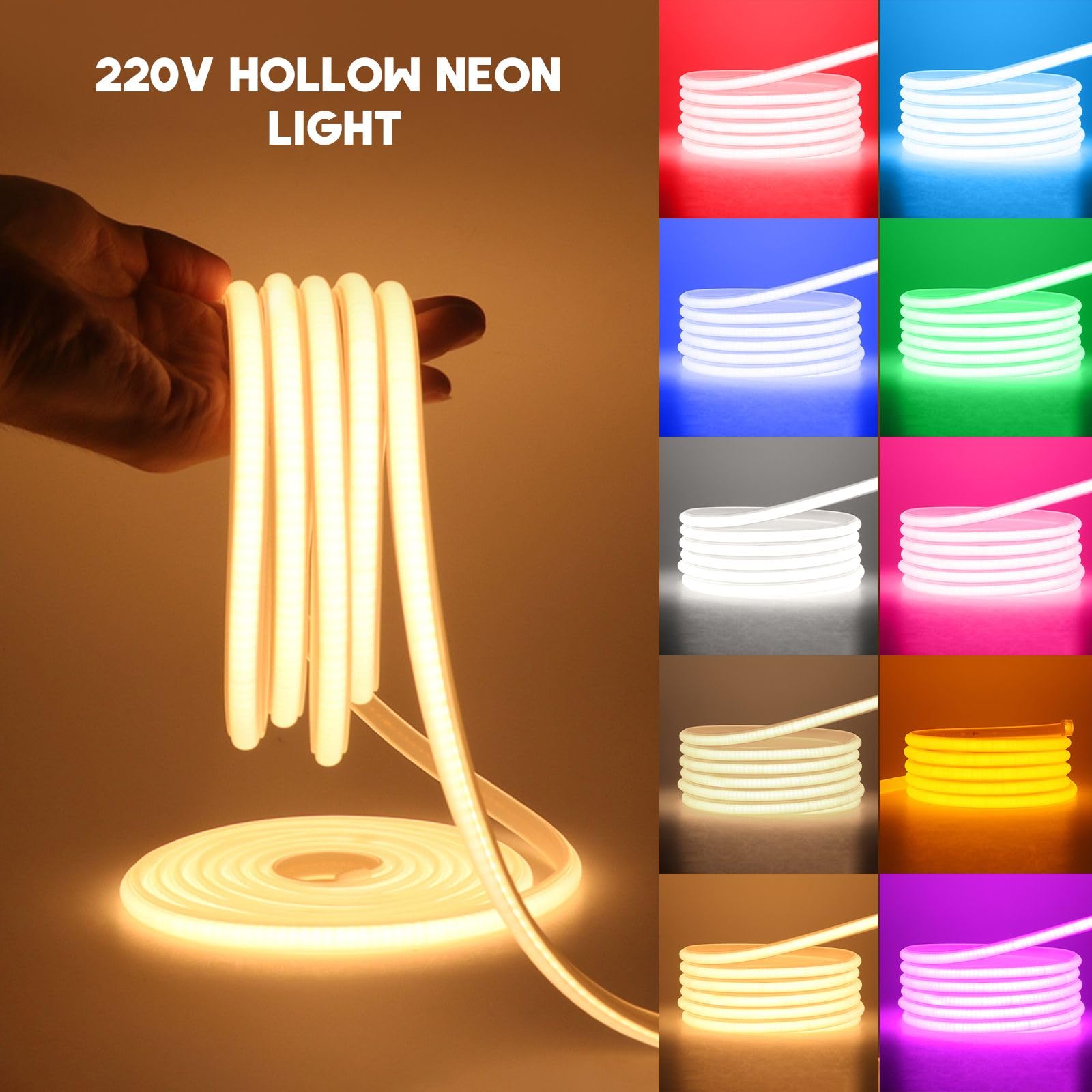 KISUFU 220V Tira de LED Neon COB, 288LEDs/m Flexible Cada Corte de 50cm, IP65 Impermeable Tira Luces con Dimmer Para Interior Exterior Decoración