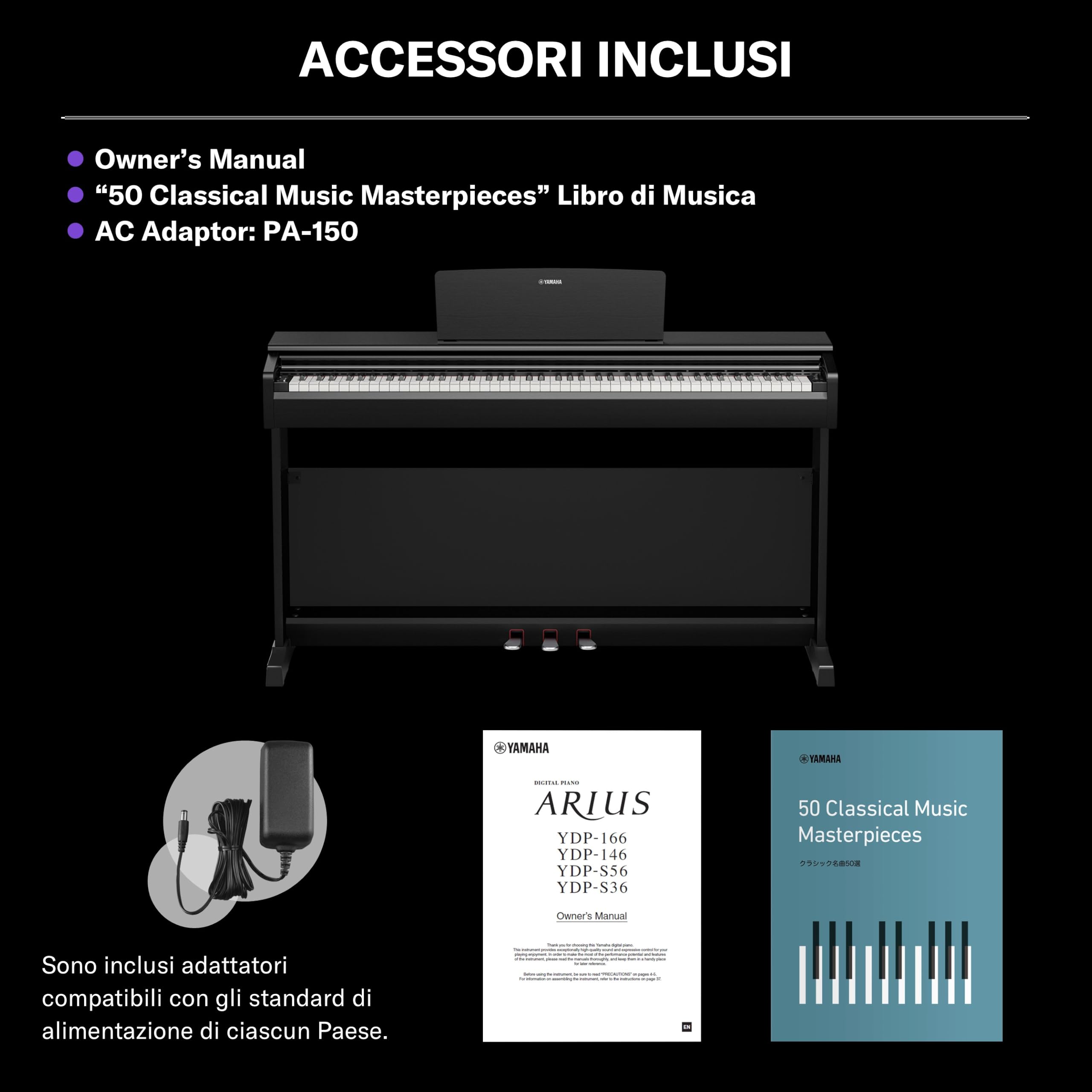 YAMAHA YDP-146 Pianoforte Digitale – 88 Tasti Pesati GHS, Suono CFX Concert Grand, Speaker Stereo 8W, Bluetooth, 3 Pedali, Ideale per Casa e Principianti – Nero