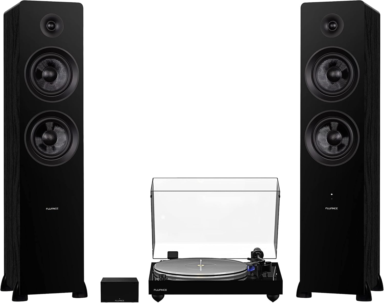 Fluance RT85 HiFi-referentie vinyl platenspeler met blauwe Ortofoon 2M cartridge, acrylplaat, basis van massief hout, trillingsisolatievoeten, zwarte piano