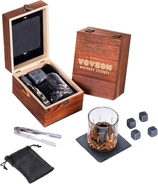 Whiskey Stones and Glass Gift Set for Men  4 Whisky Scotch Bourbon Chilling Stones + Whiskey Rock Glass + Slate Coasters for Whiskey, Christmas/Father's Day/Birthday Gift/Present for Dad Boyfriend