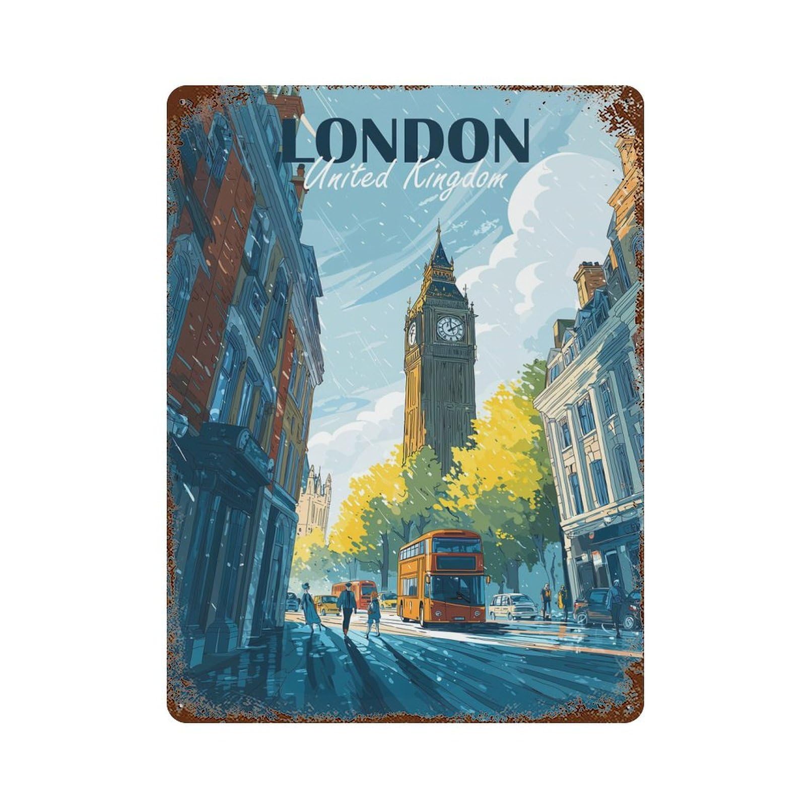 London, United Kingdom Cityscape Illustration Vintage Metal Tin Sign 15.7"x11.8", Farmhouse Wall Decor for Living Room, Hallway And Home Decor
