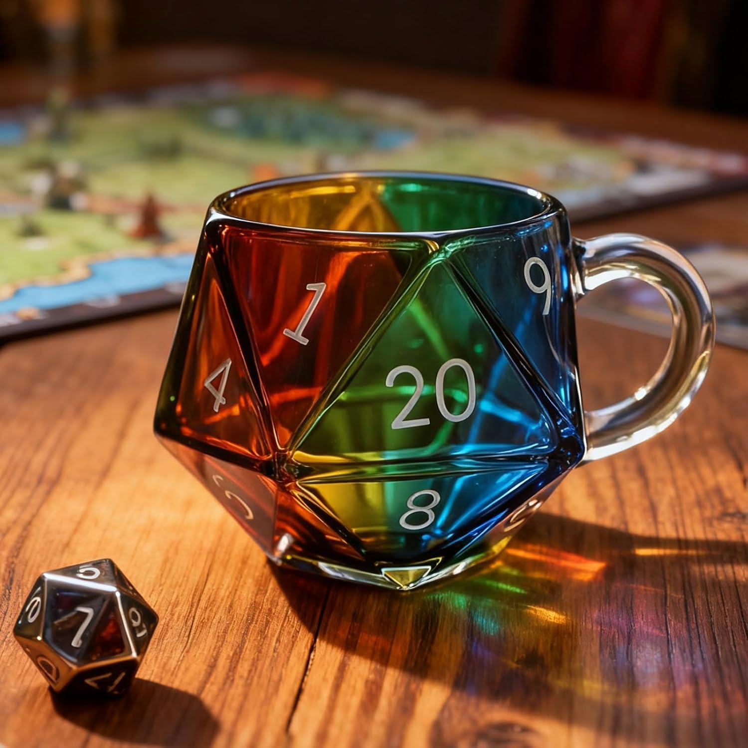 Rainbow D20 Dice Mug, Polyhedral Dice Coffee Cup with Handle, Game Mug for Beverage Tea Wine Juice Beer Milk Office Decoration Fantasy Lovers Cosplay Tabletop and Gamers (Blue)
