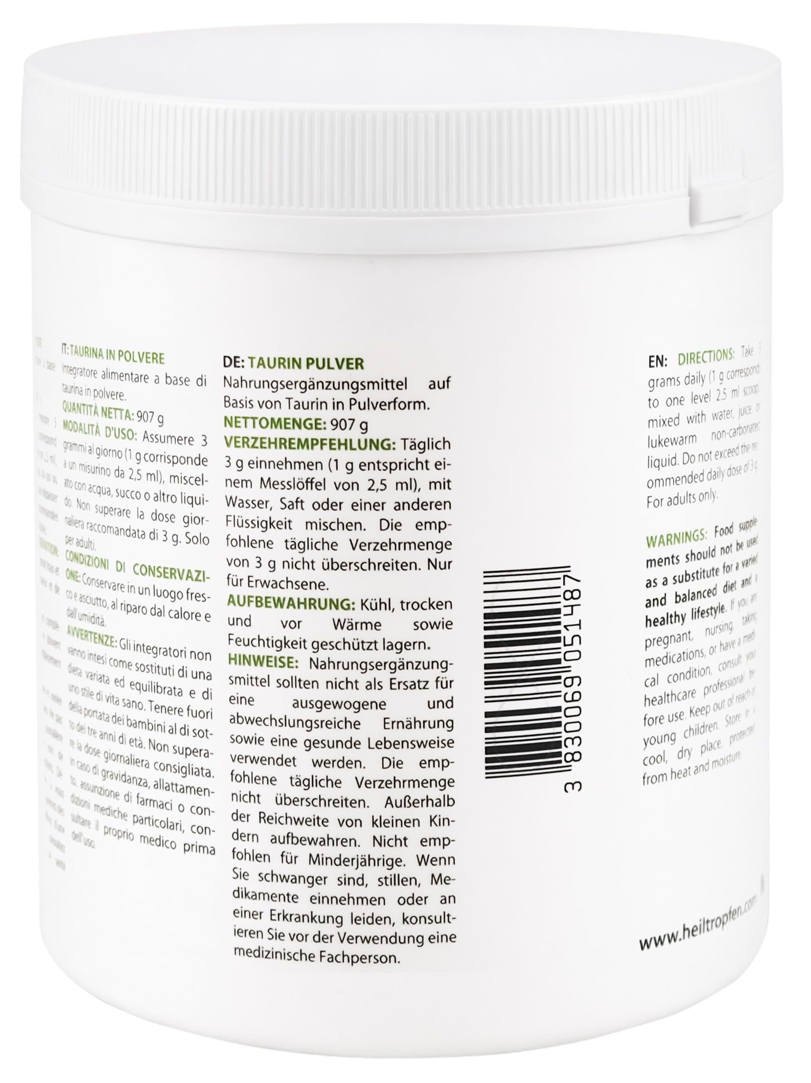 Taurina in Polvere | 907 g | Polvere Pura al 100% | Senza Aroma | Singolo Ingrediente | Senza Capsule | Integratore Alimentare |
