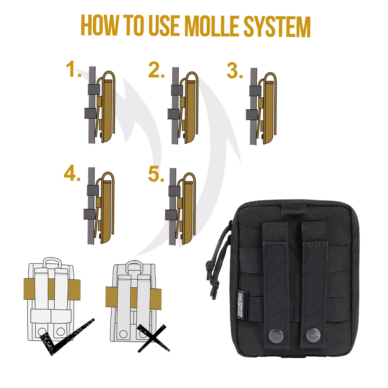 OneTigris Taktische Hüfttasche, Gürteltasche MOLLE EDC Tasche Wasserdicht Molletaschen für Camping Wandern Radfahren Klettern und Reisen Schwarz
