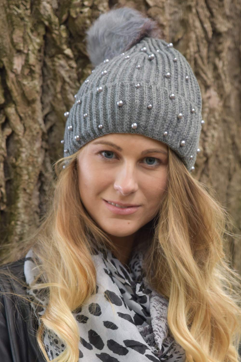 styleBREAKER Gorro de Mujer de Punto con pompón y Forro Polar, Gorro de Invierno con pompón de Pelo 04024155