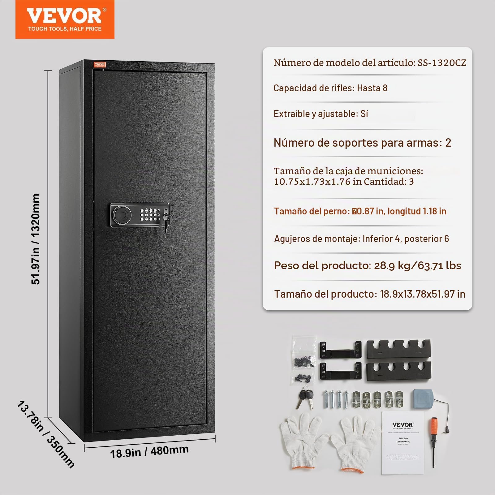 VEVOR Caja Fuerte para 6-8 Rifles con Cerradura y Teclado Digital Gabinete de Almacenamiento para Armas de Acceso Rápido con Estante Extraíble para Rifles y Escopetas para Hogar (Requiere Ensamblaje)