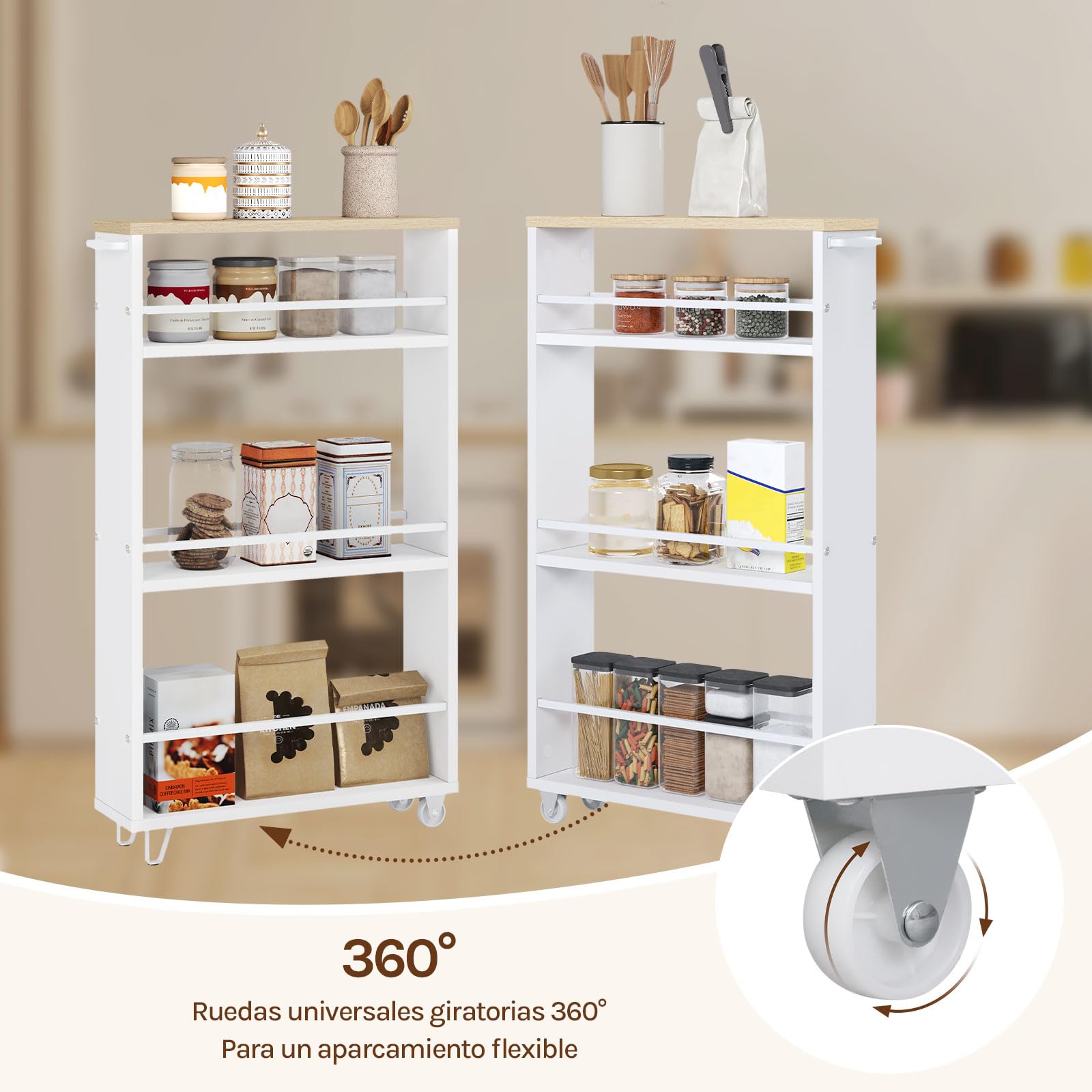 WOLTU Carrito de Cocina con 3 Niveles, Carro Auxiliar Cocina con Ruedas, Estanteria Estrecha de Almacenamje, Madera y Metal, con Frenos y Asa, 47x13x80 cm, Blanco+Roble Claro