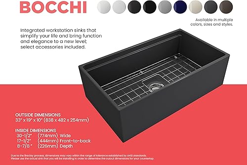 Miniatura 5 de BOCCHI Contempo - Delantal para estación de trabajo, con borde delantero, arcilla refractaria de 33 pulgadas, fregadero de cocina de un solo tazón